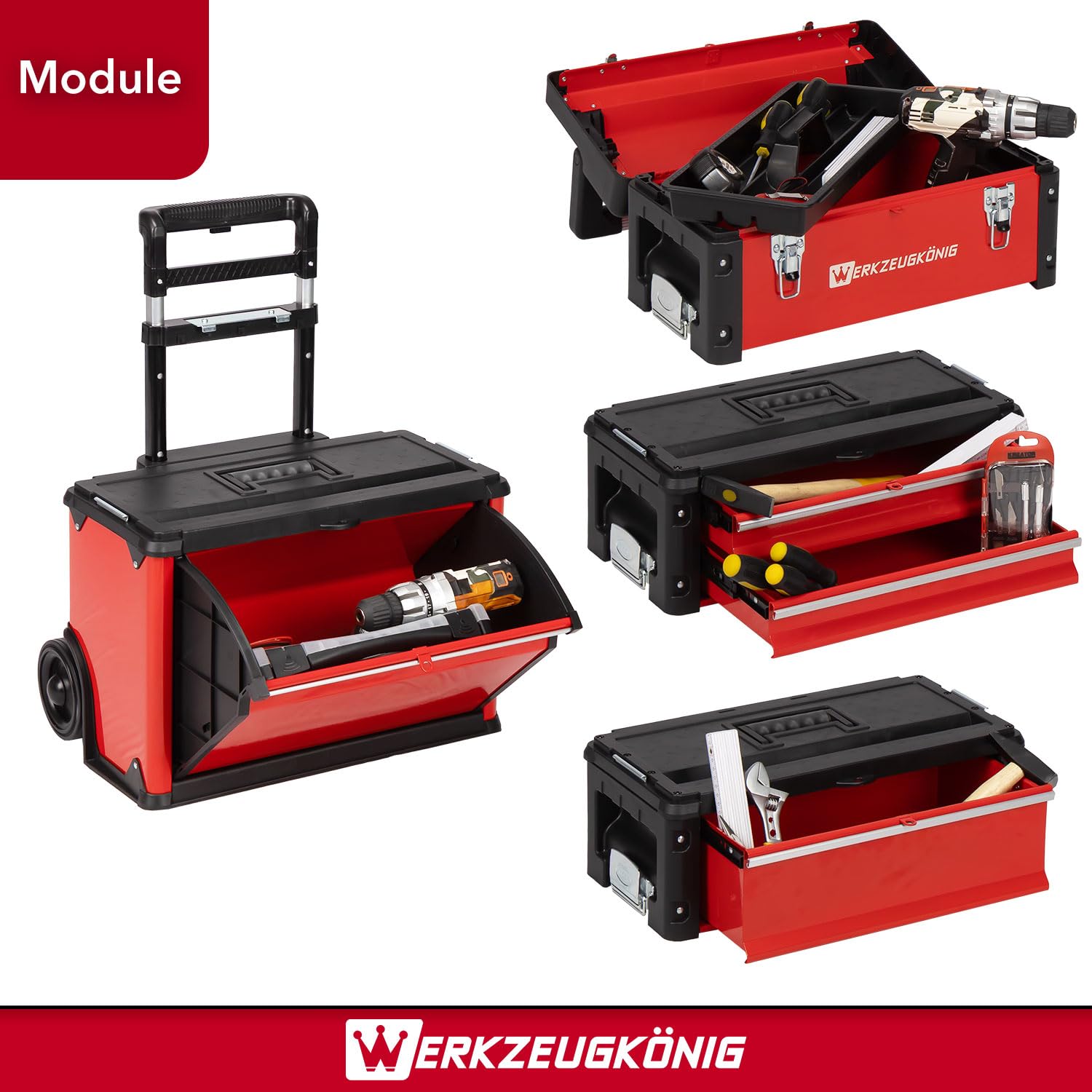 Werkzeugtrolley 4 Teile Stahlblech Rot pulverbeschichtet - 1 Werkzeugkoffer, 2 schmale Schubladen, 1 hohe Schublade, 1 großes Klappfach - gratis Kleinteilekoffer