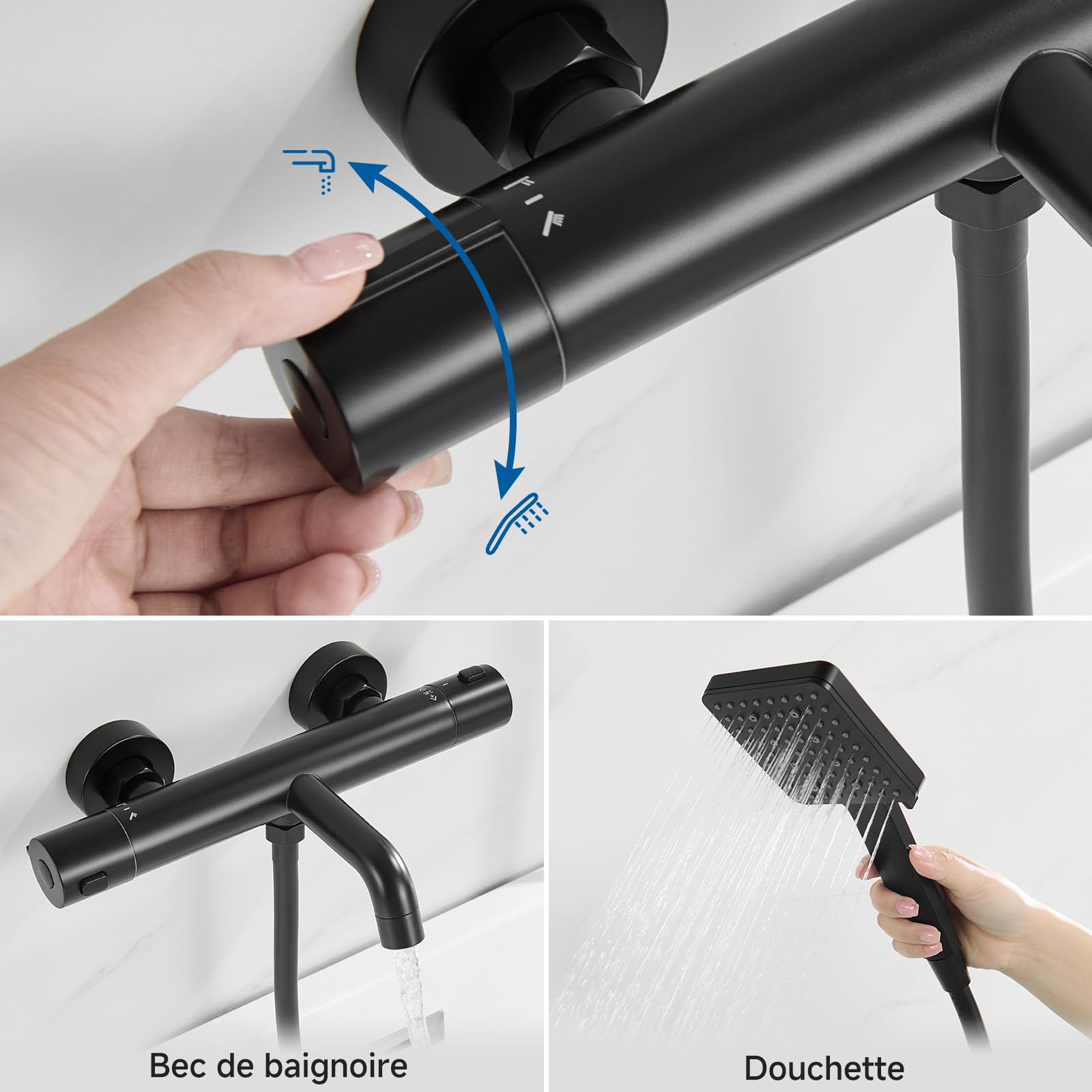 Auralum Mitigeur Douche Thermostatique - Robinet Thermostatique de Douche en Inox 304 avec Verrouillage 38°C - Anti-brûlure - 2 Fonctions pour Bain et Baignoire-Contrôle de la température - Noir
