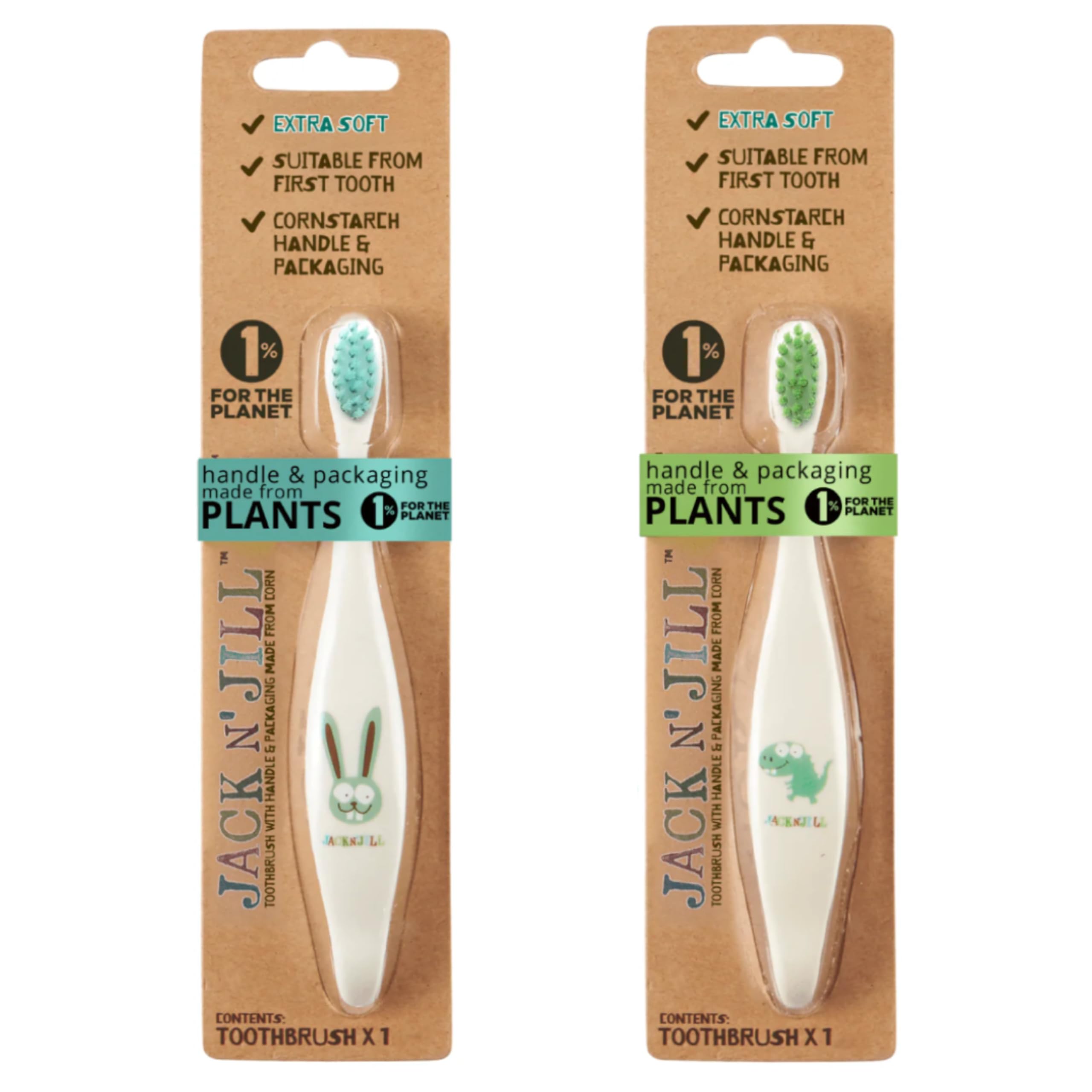 Jack N' Jill Kids Toothbrush - Extra Soft Bristle Toothbrush for Kids, Handle & Packaging Made from Plants (Corn), Ergonomic Handle for Little Hands - Dino & Bunny (2 Pack)