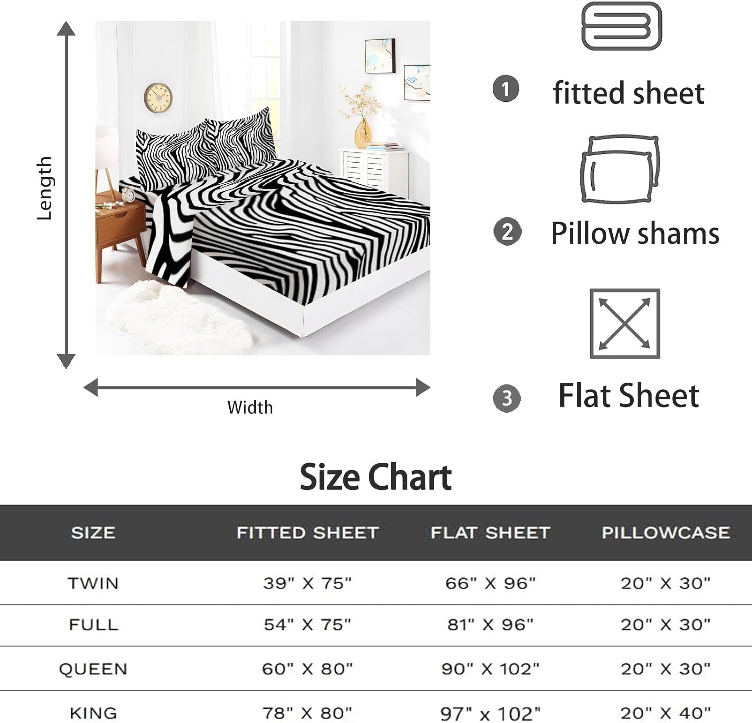 Extra Deep Fitted Sheet 16" Abstract Zebra Pattern Queen Fitted Sheet Only Black and White Bed Fitted Sheet Soft Deep Pocket Fitted Sheet, Bed Sheet Set with 2 Pillowcases