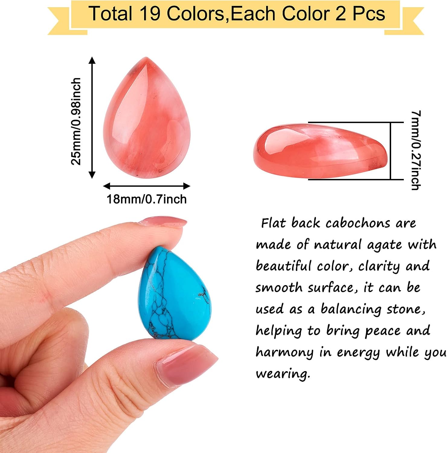 Fashewelry 38pcs Teardrop Healing Crystal Gemstone Cabochons 25x18mm Assorted Flatback Natural & Synthetic Energy Stone Cab Covers No Hole for Jewelry Craft Bracelet Necklace Making