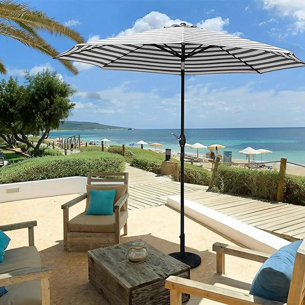 Duży Parasol Ogrodowy 270cm, Odchylany i Korbą, 8 Żeber - Solidny Słup, Parasol Przeciwsłoneczny do Ogrodu, Trawnika, Podwórka i Basenu, Czarny Biały Pasek