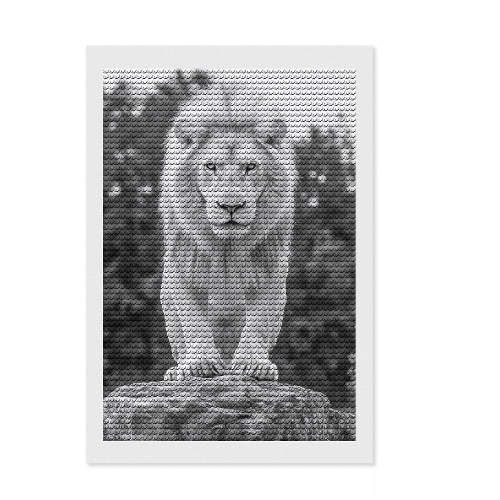 Junmoney White Lion Portrait Diamond Painting Canvas Set 8"x12", for Teens, Simple to Start, Farmhouse Decor, Thoughtful Handmade Gift