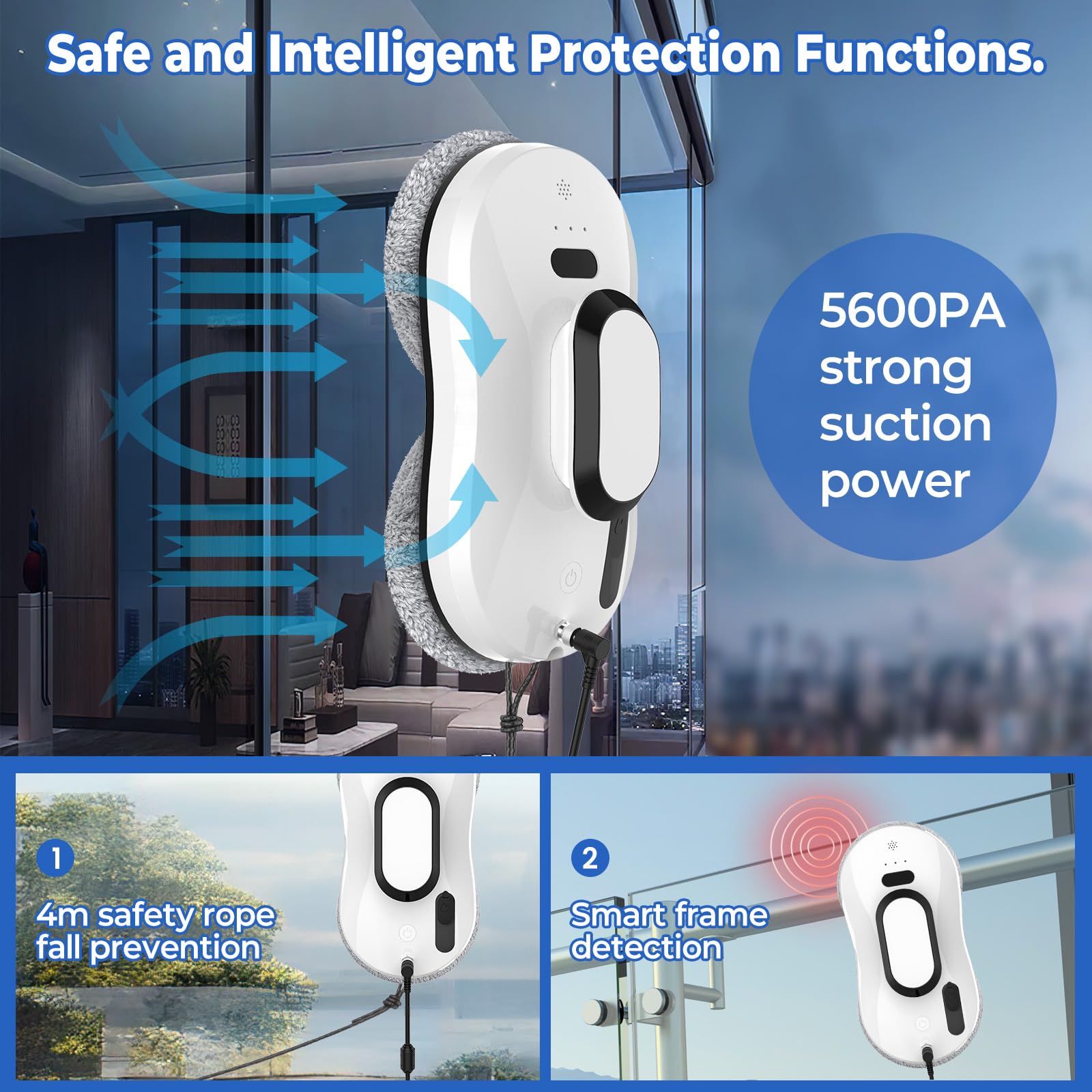 Robot lavavetri 5600Pa, Robot Lavavetri Finestre con Getto Automatico Spruzzo, Navigazione Intelligente, Rilevamento dei Bordi, Sistema di Sicurezza, Telecomando, per Finestre, Specchi e Piastrelle