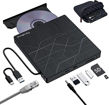 Super External CD DVD Drive, USB 3.0 DVD Burner with Ethernet Adapter, 3 USB and 2 TF/SD Card Ports, CD DVD Player Reader Writer Optical Disk Drive for Laptop PC Mac Windows Linux with Carrying Case
