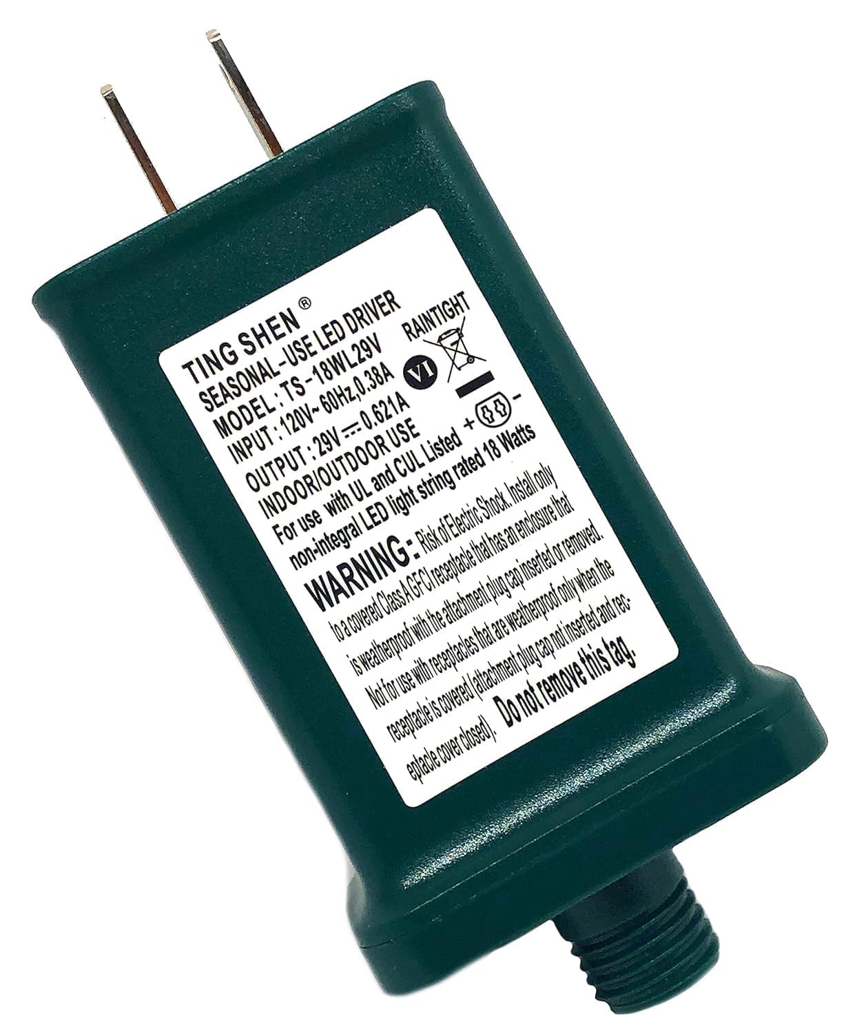 29V 0.621A Power Supply Class 2 Transformer Raintight IP44 US Plug Connector 1/2in 12mm Adapter for LED String Seasonal-Use Light, Holiday Lighting, Christmas X-Mas Tree TS-18WL29V - Left Positive