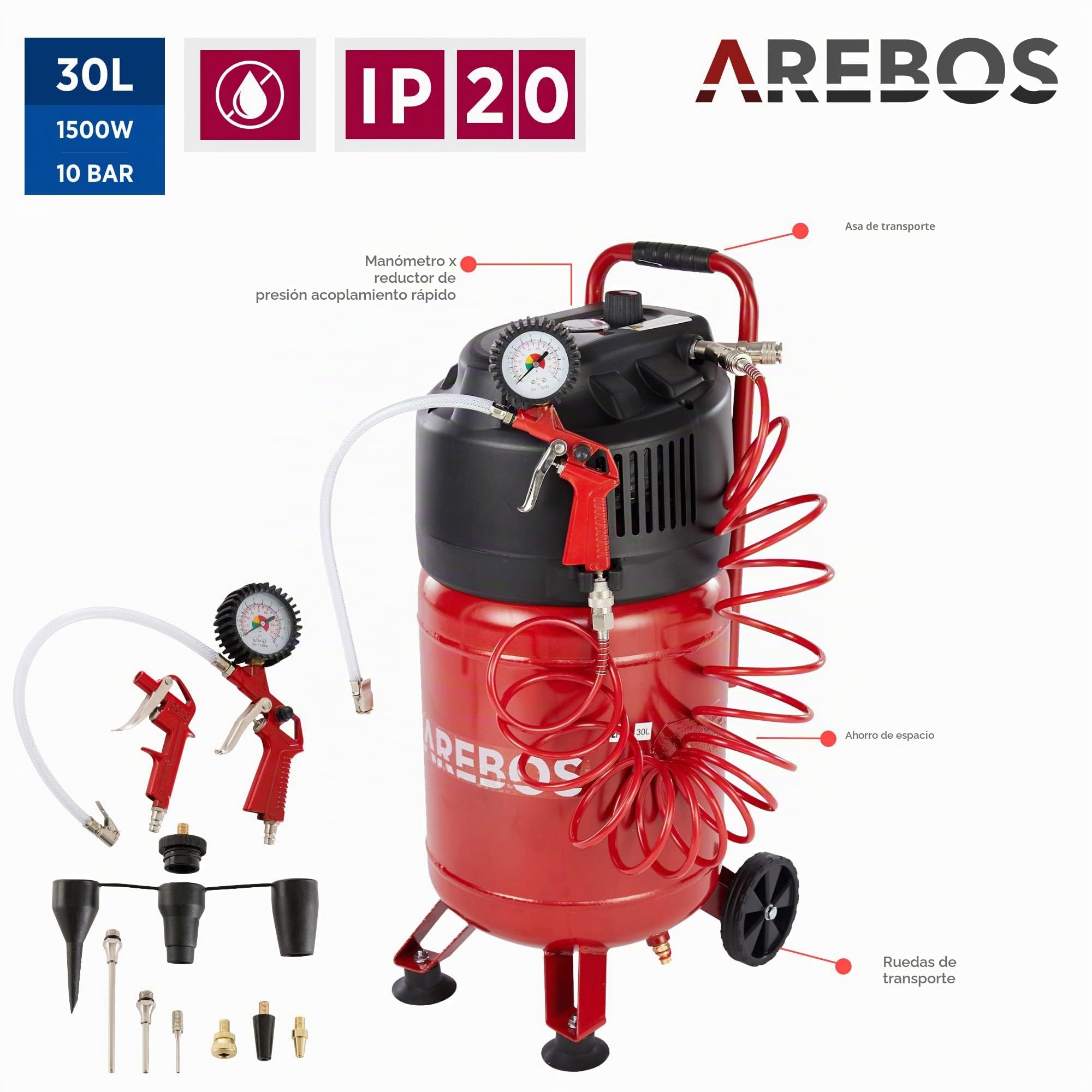 Arebos Compresor de aire comprimido | 30L | 1500W | con accesorios de 13 piezas | sin aceite| 240 L/min | Euroacoplamiento doble | 10bar | capacidad: 50 l, 30 l o 6 l