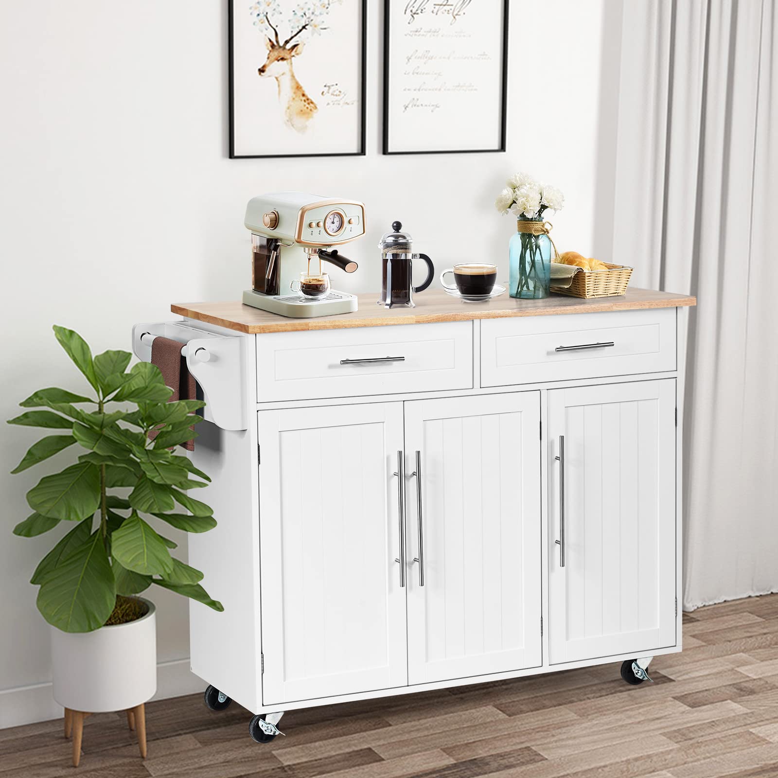 KOMFOTTEU Carrito de Cocina con Ruedas, Carro de Servicio con Encimera de Madera de Caucho, Isla de Cocina con Cajones, Toallero y Estantes Ajustables, Carrito Auxiliar, 122 x 46 x 92 cm (Blanco)