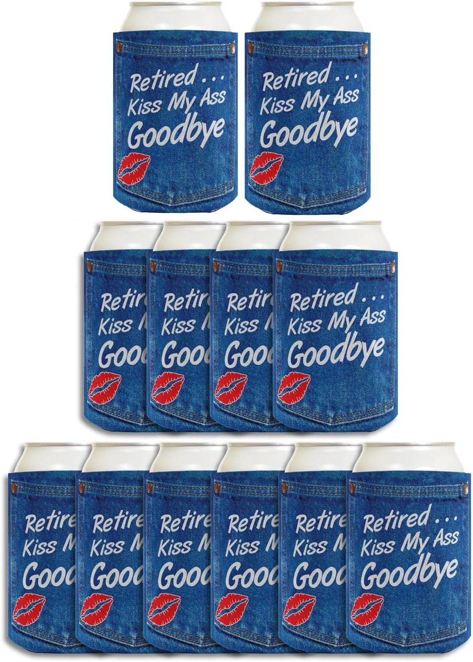 Retirement Gift Funny Beer Coolie Retired Kiss My Ass Goodbye Retirement Party Gag Gift 12-Pack Can Coolers Coolies