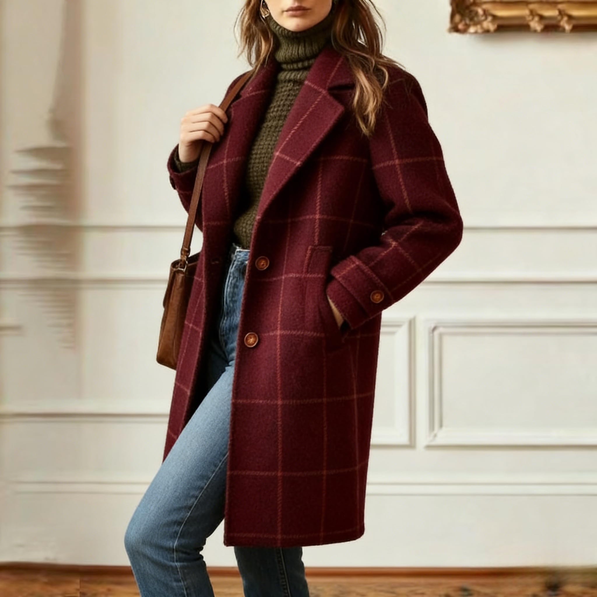 Abrigo De Invierno De Mezcla De Lana para Mujer Cuello con Muescas Botonadura Sencilla Chaqueta De Longitud Media Abrigo Retro A Cuadros Abrigo Tipo Guisante Talla Grande Elegante para Otoño E Invi