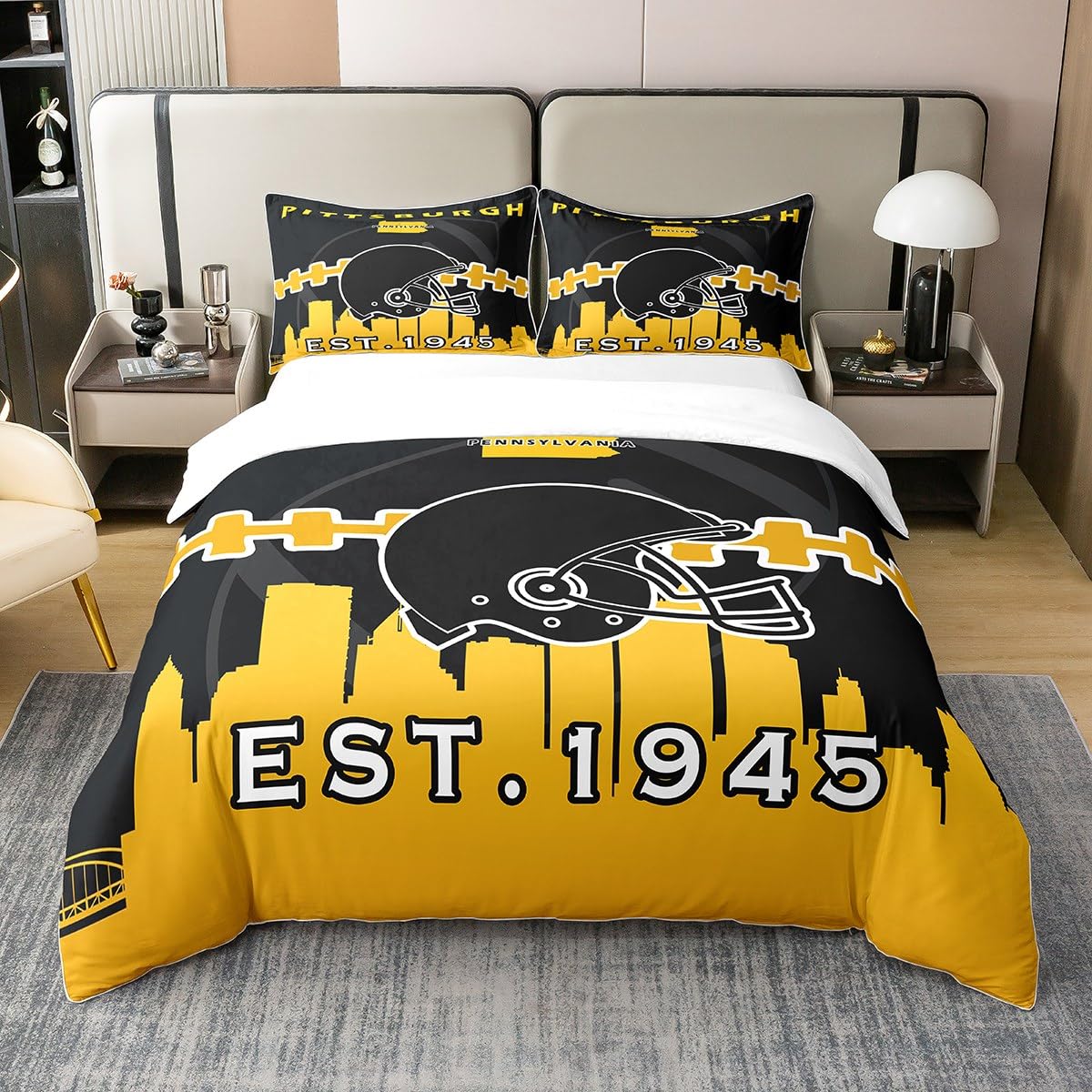 Rugby 100% Organic Cotton Duvet Cover for Kids Boys Girls, American Football Lovers Bedding Set King, Football Player Bed Sets with 2 Pillow Shams