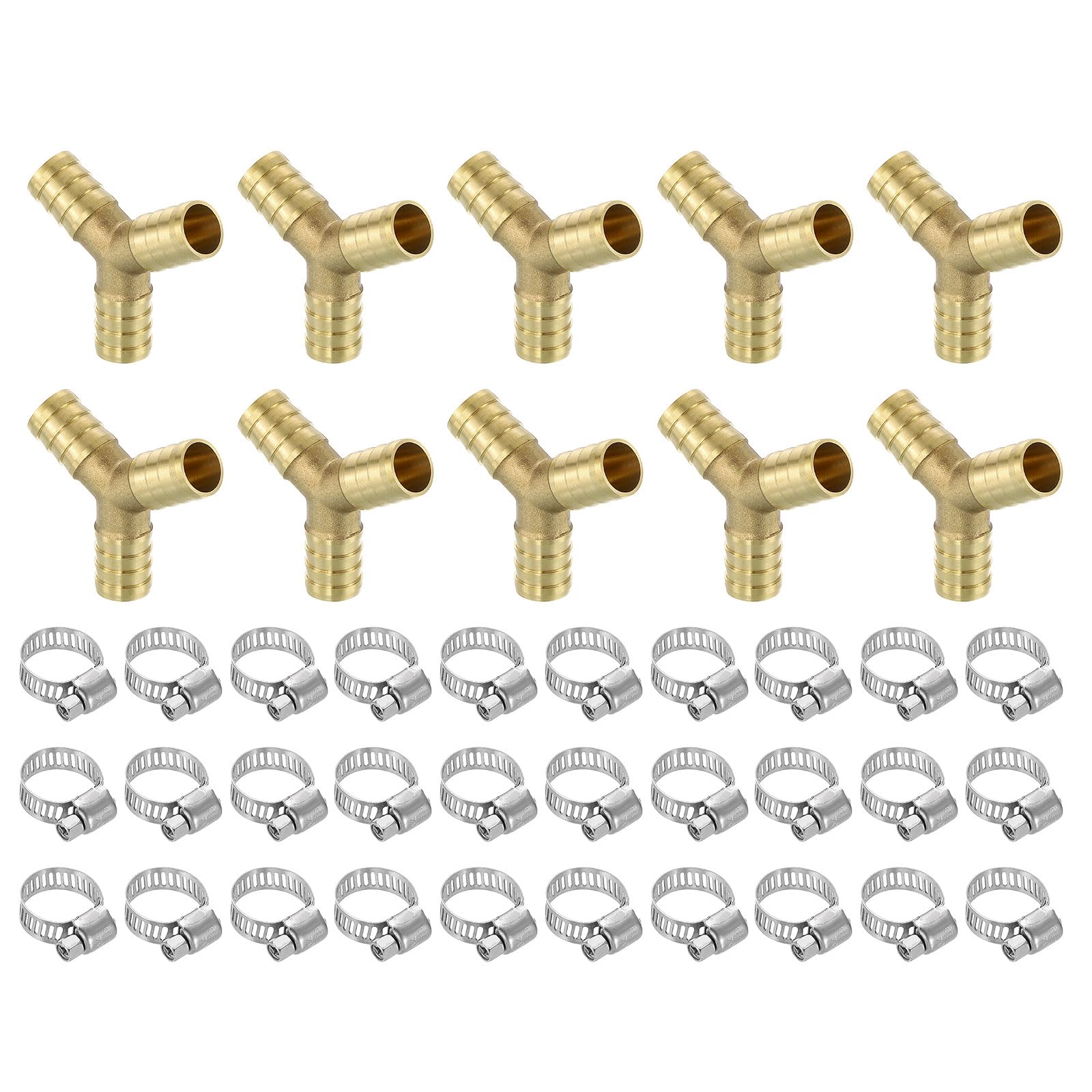 sourcing map 10pcs Brass Hose Barb Fittings, 3-Way Y-Shaped 5/8" Barbed x 5/8" Barbed x 5/8" Barbed Hose Reducer, Brass Barb Fitting Reducer with 30pcs Hose Clamps for Water Fuel Air