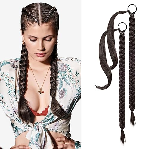 Miniatura 8 de YOGFIT 2 extensiones de cola de caballo trenzadas, extensiones de cabello largo y lacio envolvente, extensiones de cabello sintético suave natural