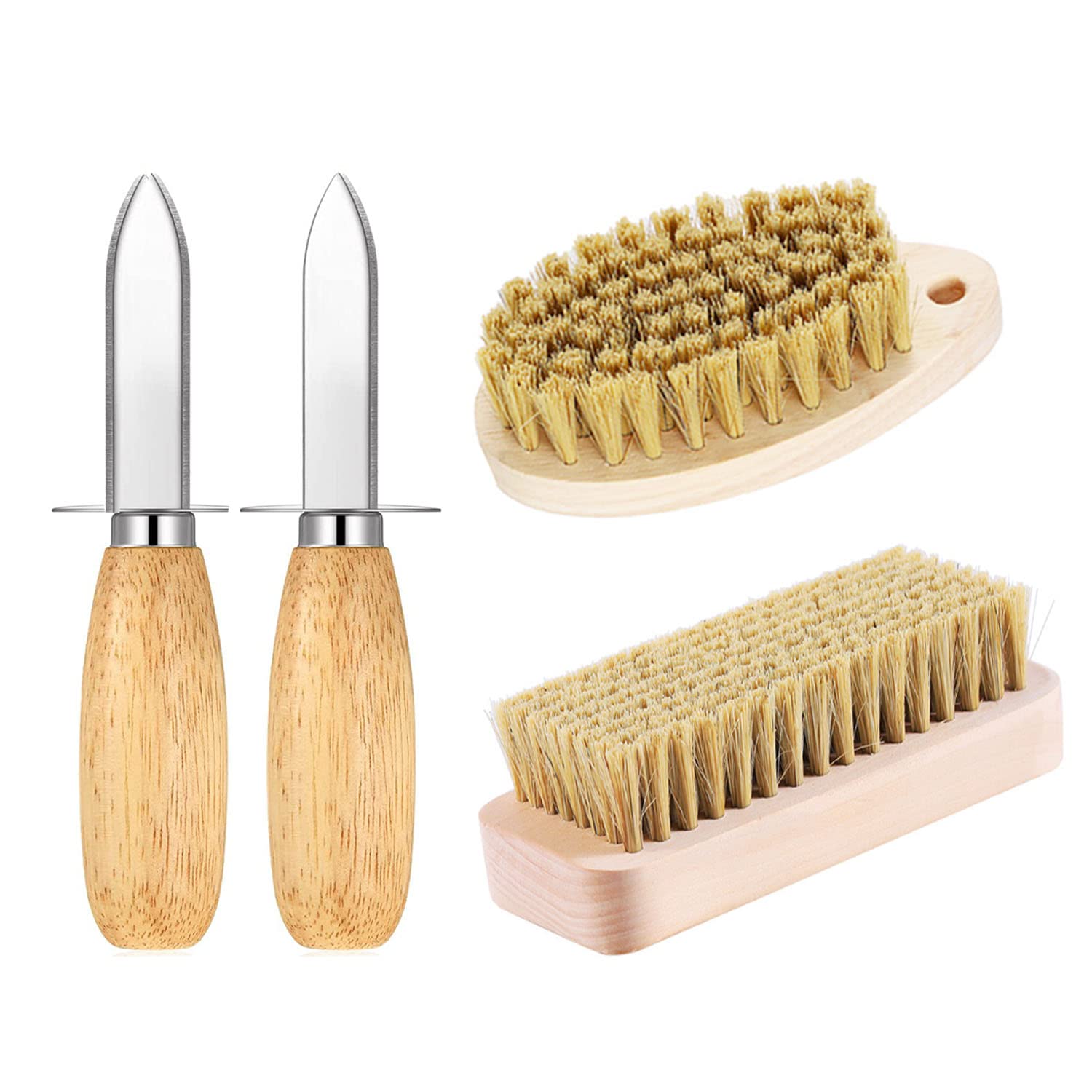 DXaryOyster Cleaning Brush Set, 2 Pieces Wood Oyster Brush with Oyster Shucking Knife Kit Natural Bristle Hair Hard Brush Suit For Kitchen Vegetable Oysters Seafood Brush Cleaning Tools (Wood)