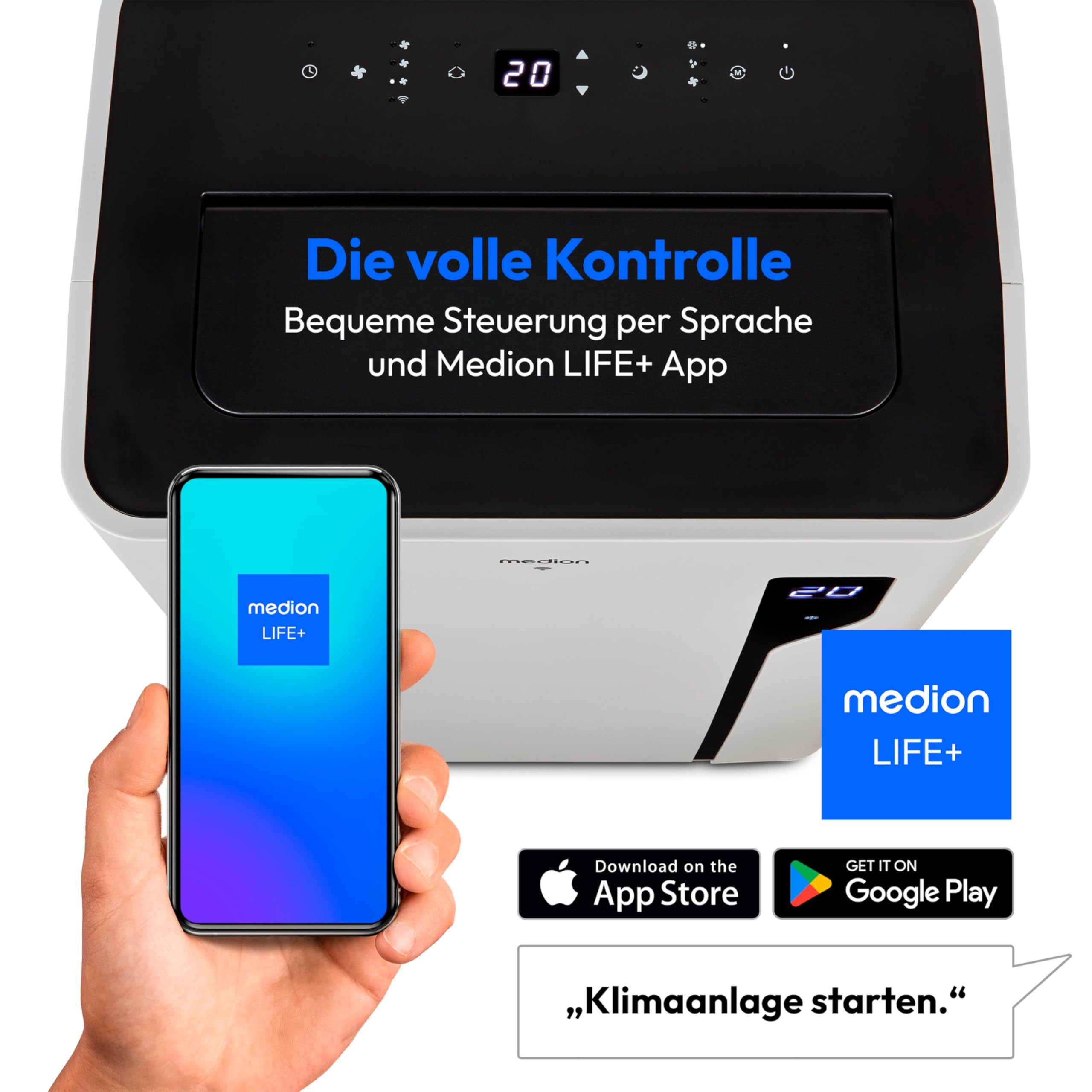 MEDION Smarte Mobile Klimaanlage mit Abluftschlauch P1200 (12000 BTU, mobil, inkl. Fensterabdichtung, bis 36m², 3in1 Kühlen Entfeuchten Ventilieren, App- und Sprachsteuerung, Schlafmodus, MD 37734)