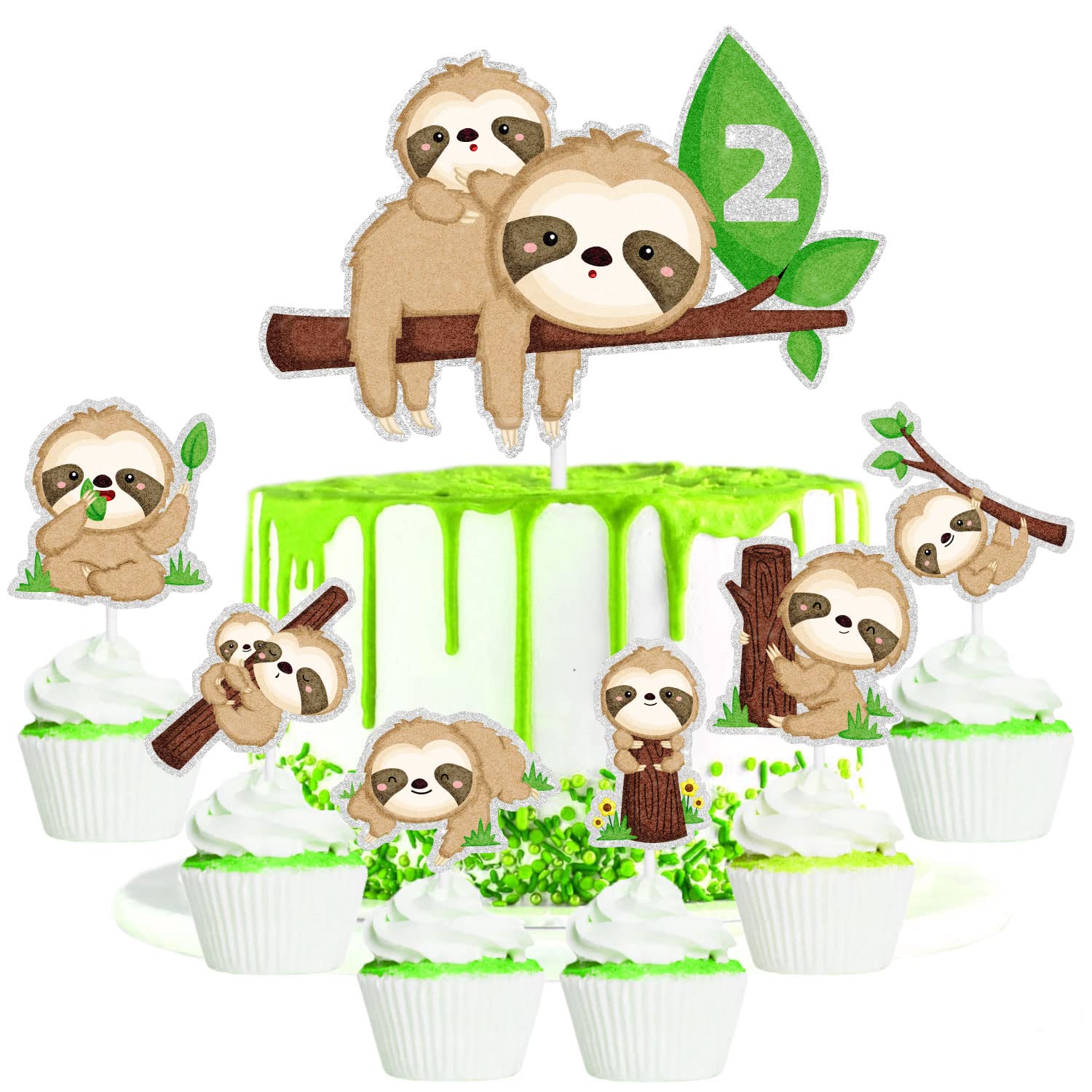Cute Sloth Theme 2nd Birthday Cake Topper Set of 7 - For kids' baby shower parties, sloth-themed parties, or sloth-themed birthday party decorations for boys and girls