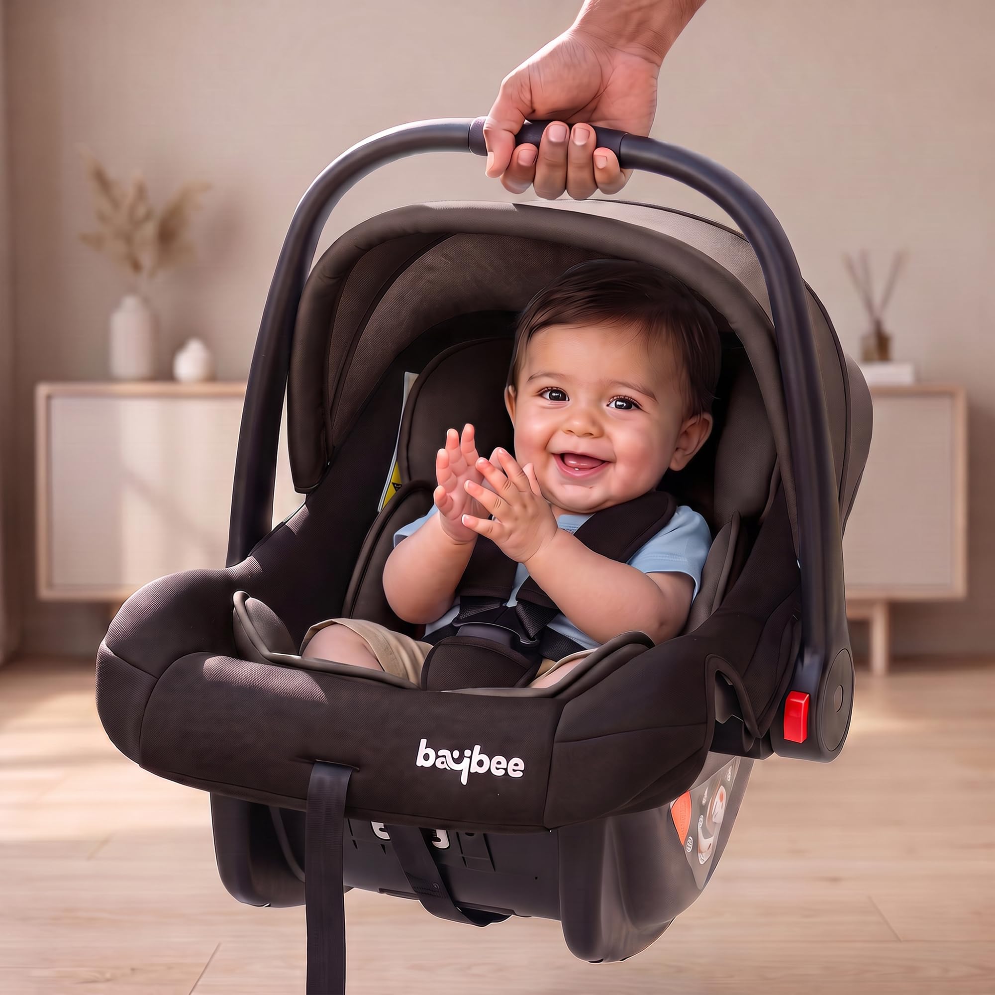 baybee 4 in 1 multi purpose baby carry cot cum car seat with canopy, adjustable handle, 3 point safety belt | rocker for infant | baby carry cot for new born 0 to 15 months (brown)