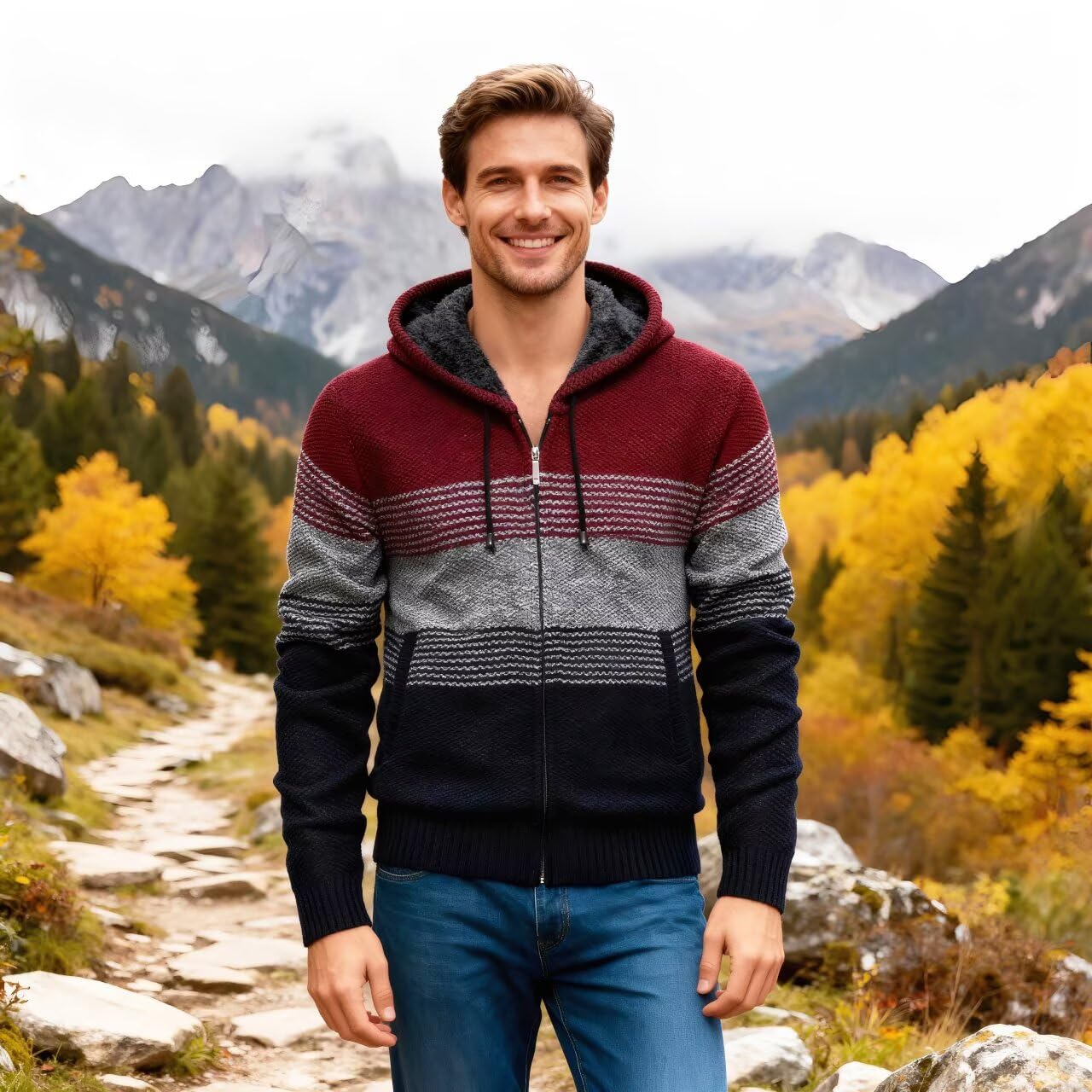 Chaqueta de Punto con Capucha para Hombre Cremallera Gruesa Suave Forro Caliente Invierno Slim Fit Sudadera