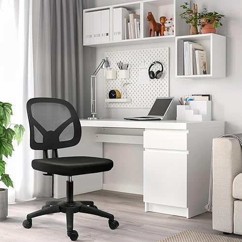 Miniatura 2 de KOLLIEE Silla de oficina de malla sin brazos, silla de escritorio pequeña ergonómica sin brazos, silla giratoria negra para computadora con ruedas,