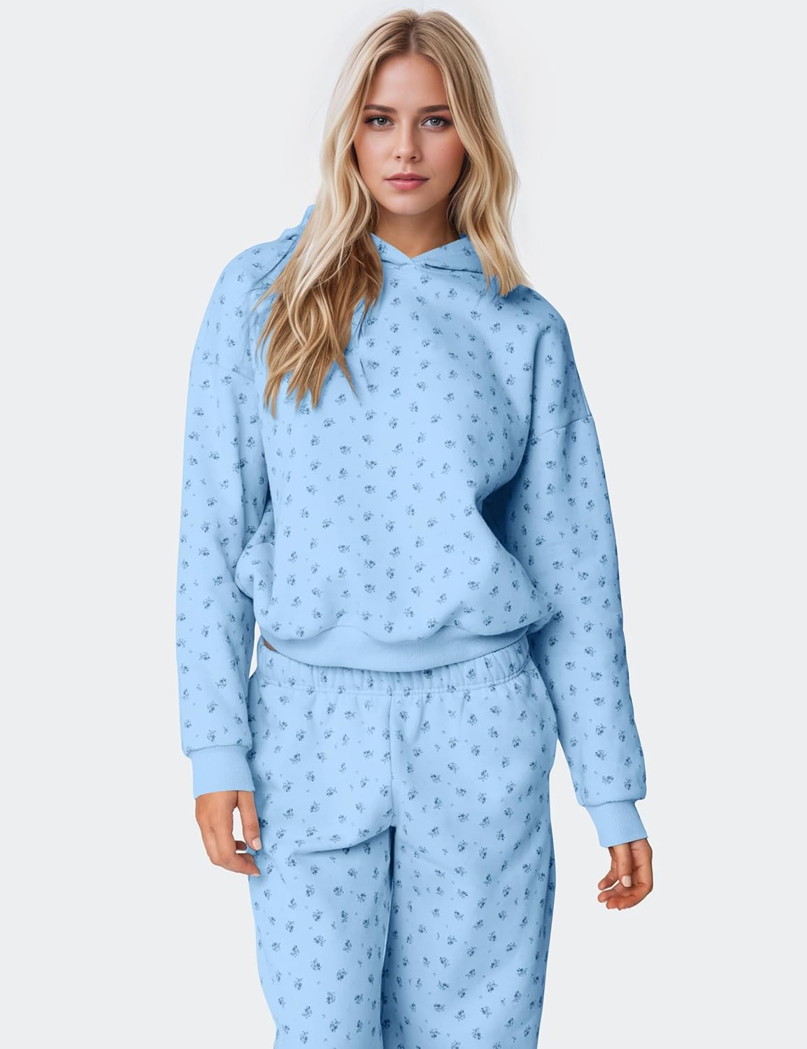 OLAPTA Women 2 Piece Outfits Ditsy Flower Print Sweatsuits Sets Long Sleeve Sweatshirts Wide Leg Sweatpants Fall Tracksuits