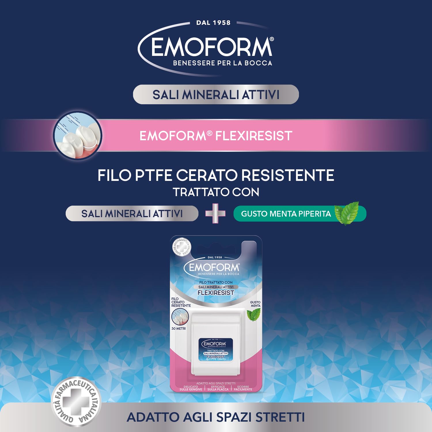 Emoform Filo Interdentale Flexiresist Cerato - Trattato con Sali Minerali e Menta, 30mt - Delicato sulle Gengive Infiammate con Scorrevolezza Ottimale per una Pulizia Denti Profonda.