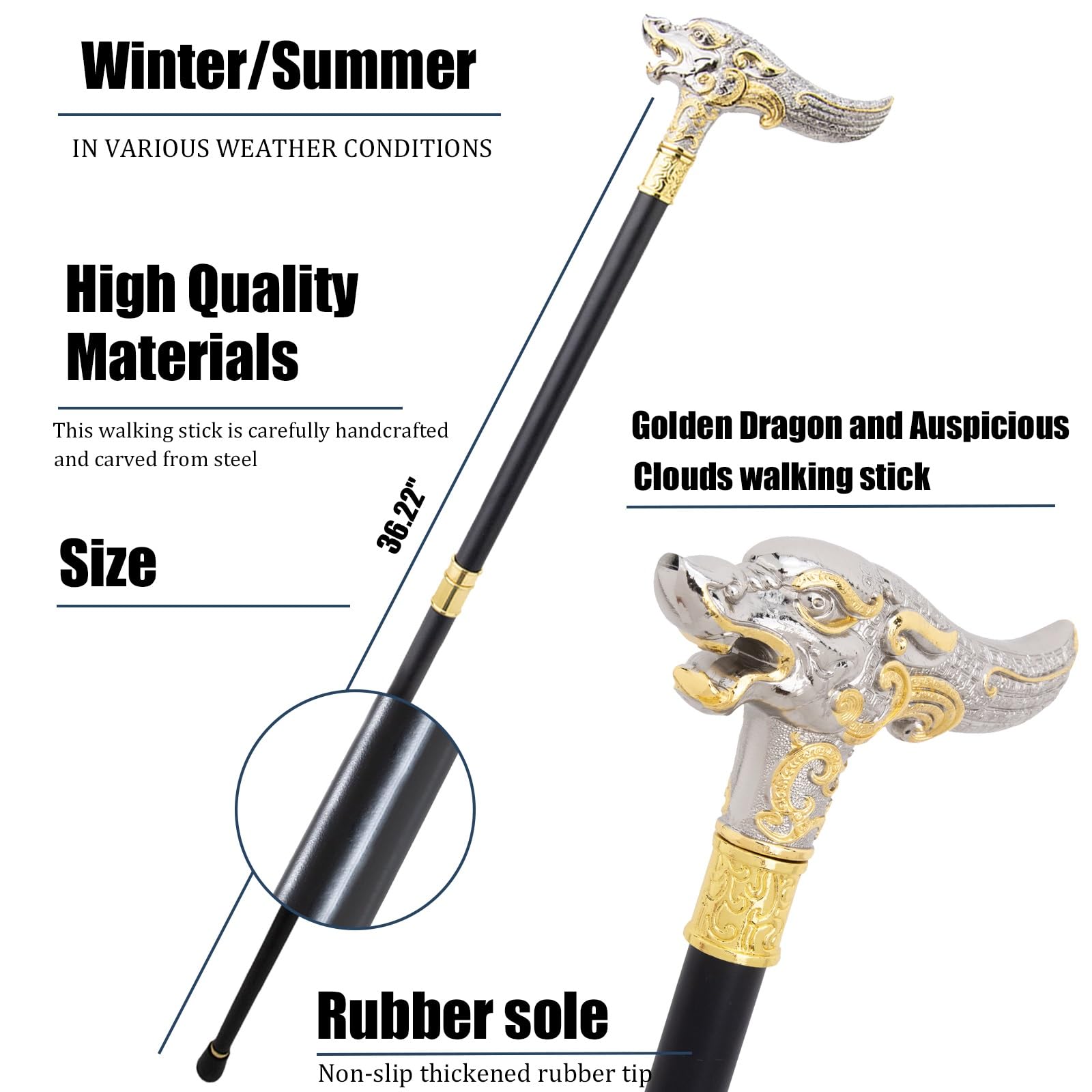 Bastón con Dragón Dorado y Nubes Auspiciosas, Elegante Bastón de Paseo Chapado en Oro Para Fiestas Formales y Cosplay 92 Cm(White)