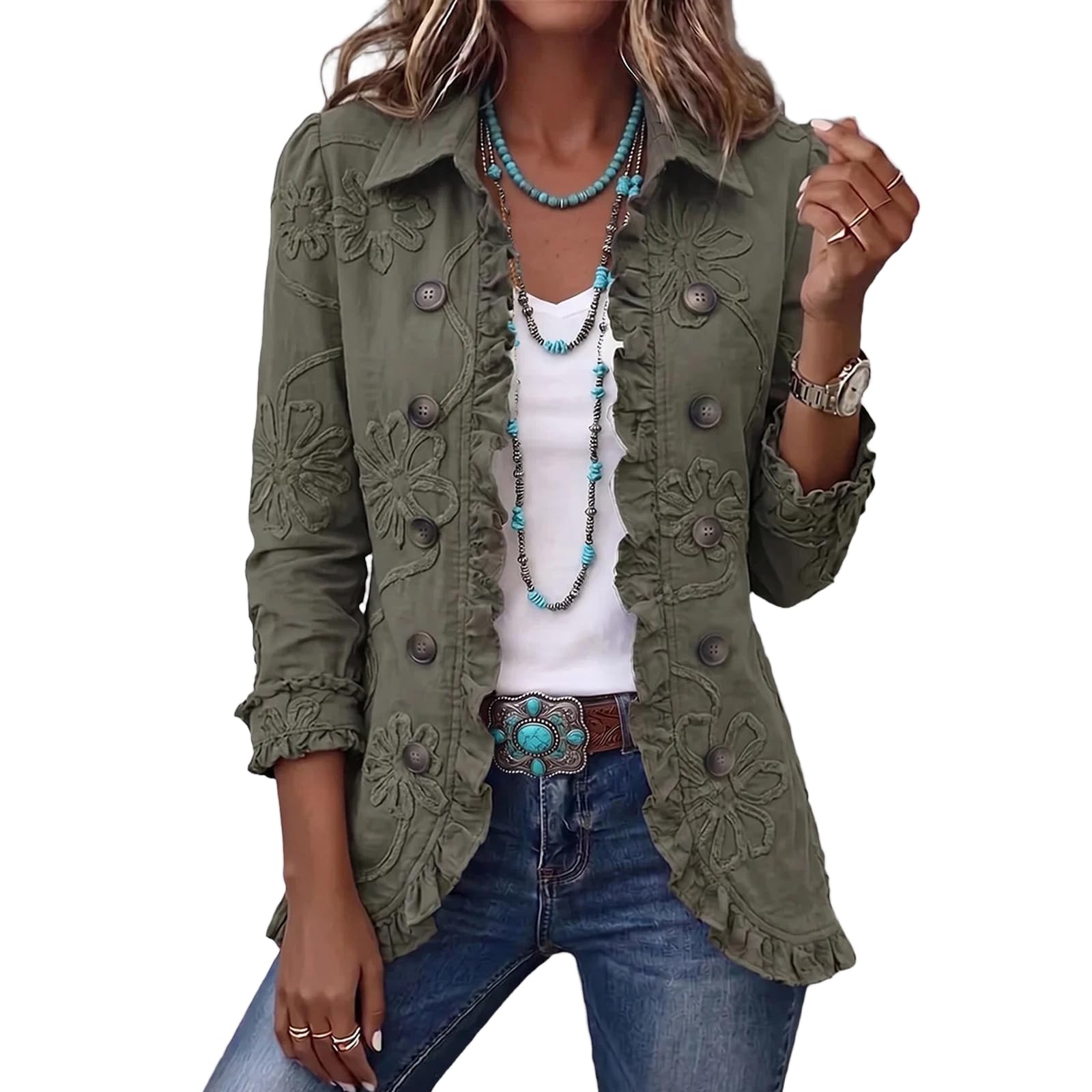 Damen-Mäntel Elegant Jacke Rüschen Hemdjacke Blumen Damenjacke Dressy