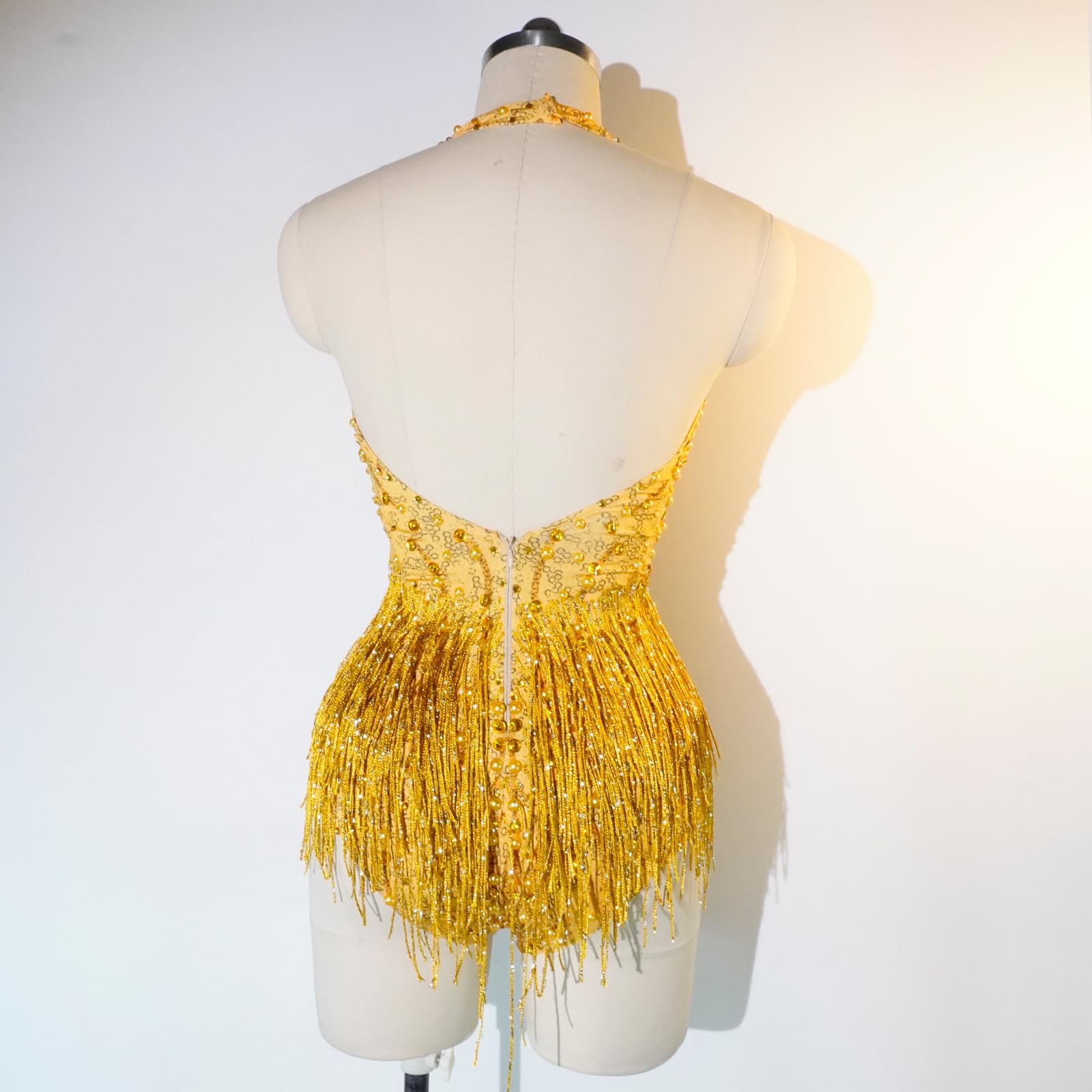 Body sexy de cristal amarillo con flecos para fiesta de discoteca, cumpleaños, celebración, cantante, equipo, pole dance