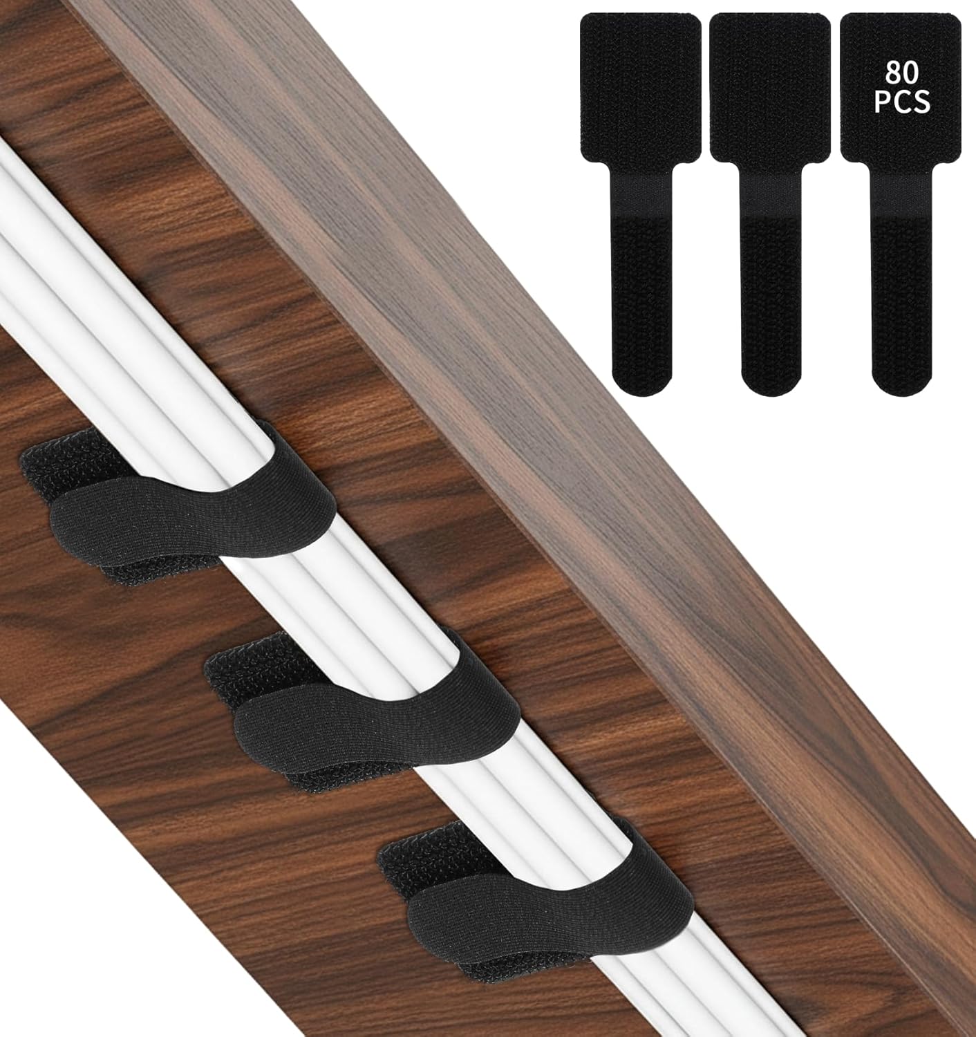 80Pcs Cable Strap, Self-Adhesive Hook and Loop Cable Ties for Under Desk Cord Management, Reusable & Adjustable Wire Organizer for Home, Office, Car (Black)
