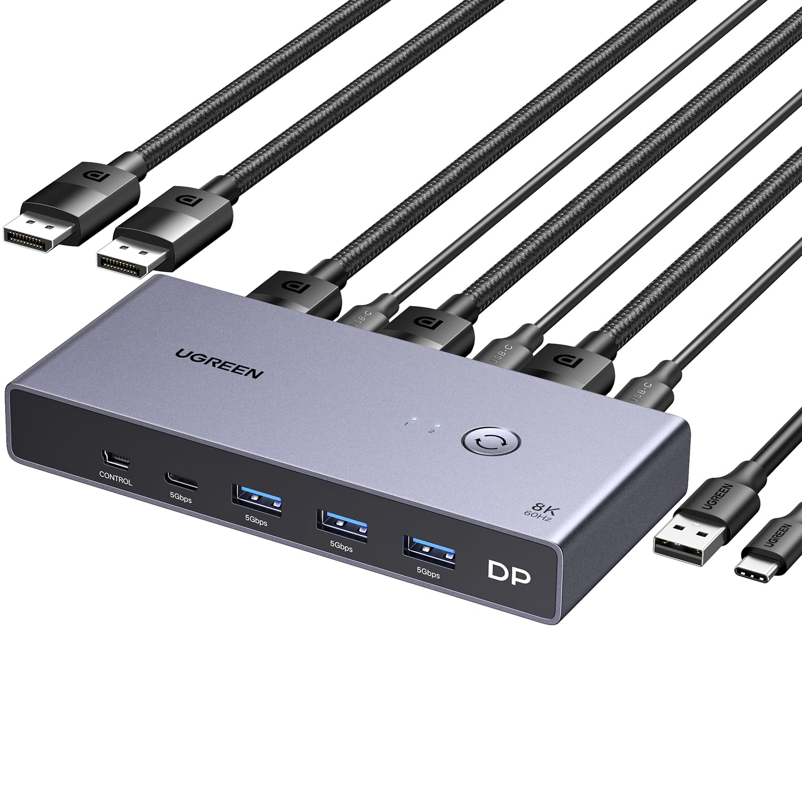 UGREEN Switch KVM Displayport 1.4 8K 60Hz 2 Entrées 1 Sortie Commutateur | 4K 240Hz USB C 3 USB A pour Clavier Souris Disque Dur Imprimante Moniteur avec Contrôleur de Bureau 2 Câbles DP 1M