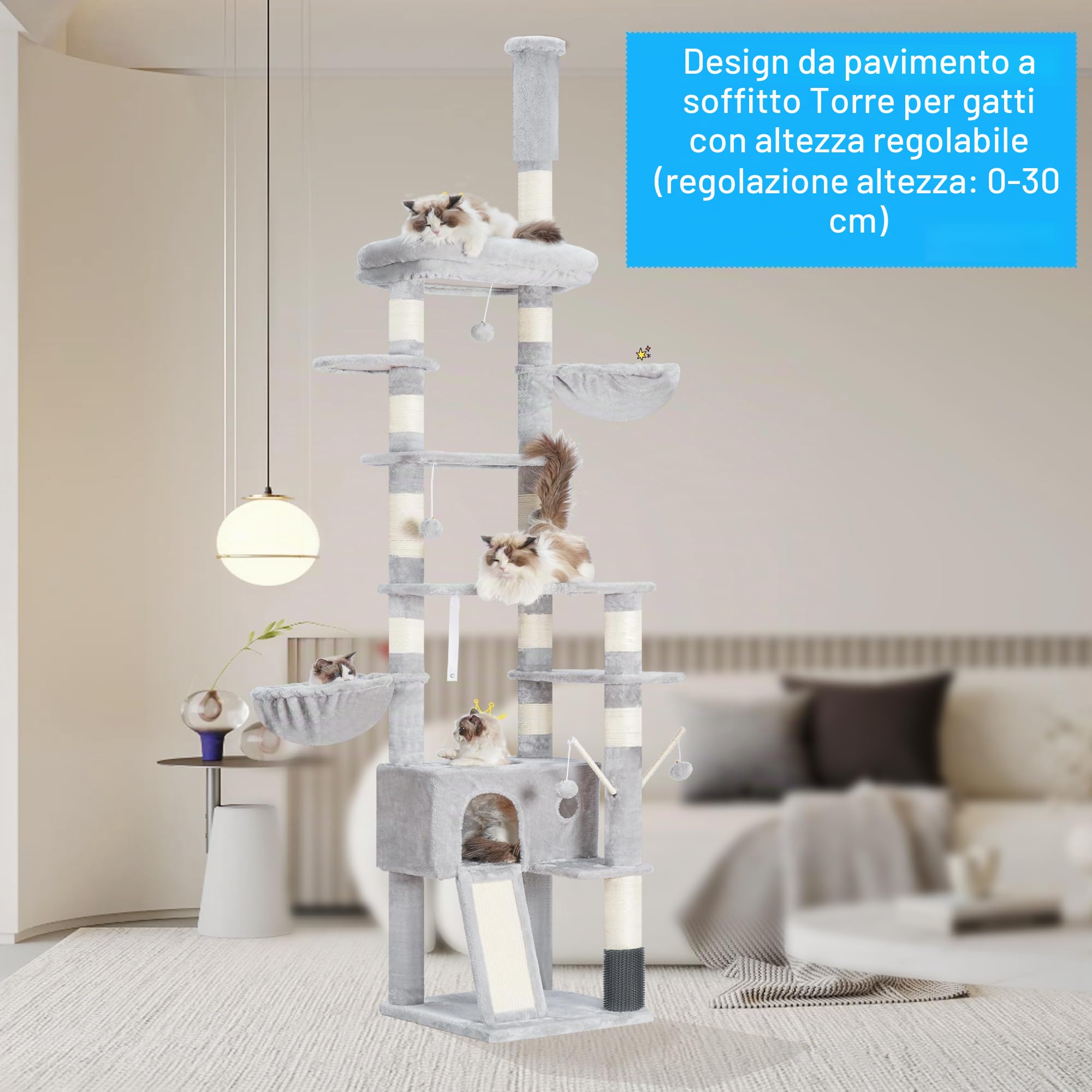 Hey-brother Albero tiragraffi regolabile in altezza, 250-280 cm, che raggiunge il soffitto, torre per gatti di grandi dimensioni, con grotta, grigio chiaro 0MPJ091W