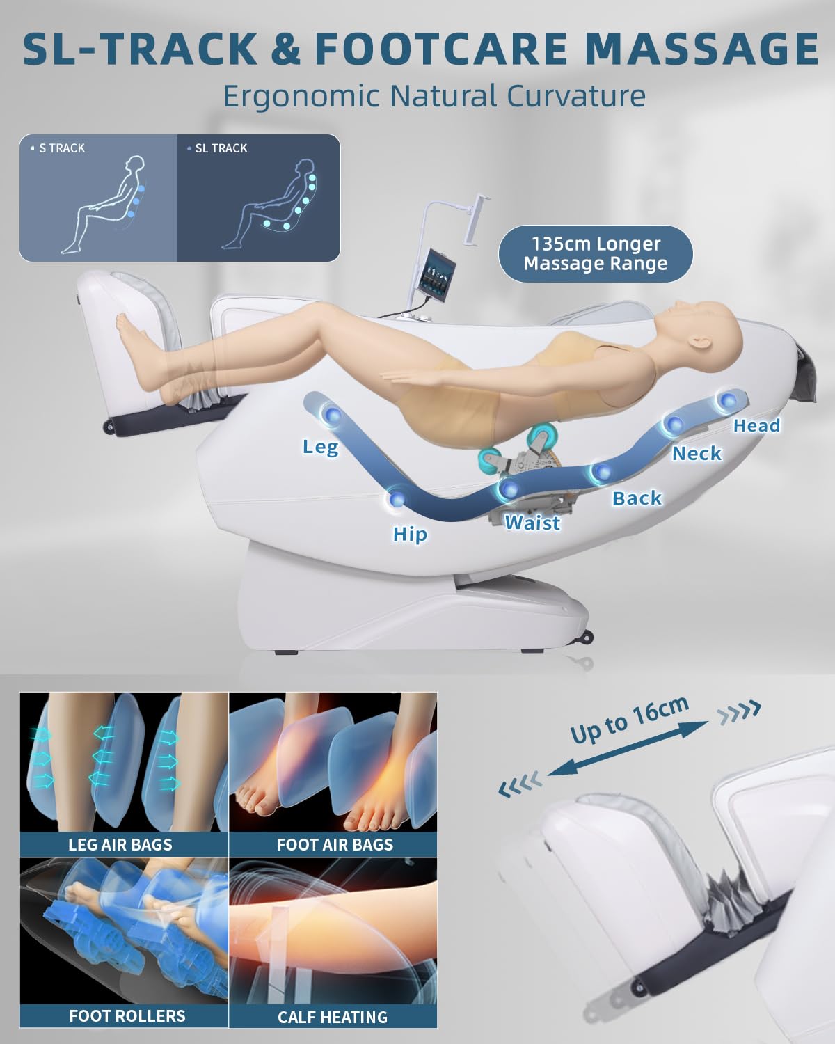 Sillón de Masaje Corporal Completo con Pantalla táctil (Blanco) | masaje 4D, gravedad cero, riel SL, función de calefacción para pantorrillas y espalda, asiento de masaje Shiatsu