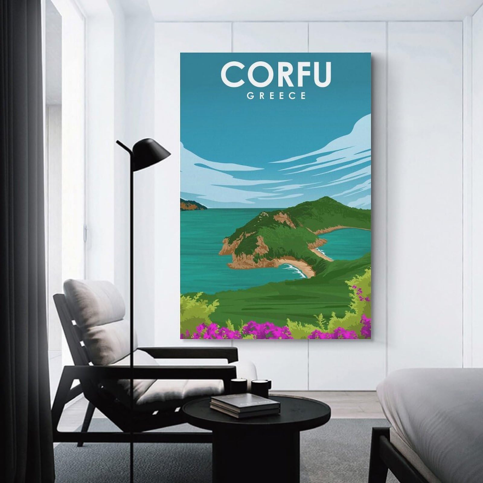 Junmoney Canvas Art Print Corfu Sunlit Serenity Art, 20x30inch(50x75cm), for New Homes, Bedrooms Or Workspaces, Thoughtful Wall Decor for Art Lovers
