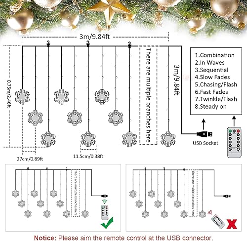 Miniatura 5 de BLOOMWIN Luces de ventana de decoración de Navidad de 10 pies, 12 copos de nieve, luces de carámbano, luces USB de cortina de Navidad para