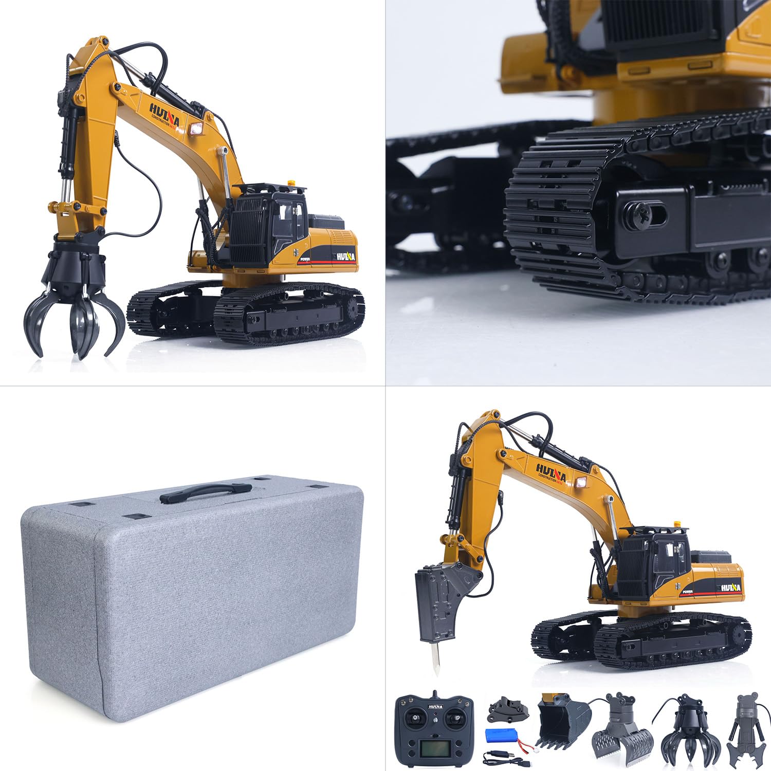 TOUCAN RC HOBBY HUINA 1:14 Metall-Fernsteuerungsbagger 580-32 – mit Licht und Sound – inklusive 2,4-GHz-Fernsteuerung, 7,4-V-Fahrgestellakku, USB-Ladekabel – mit Metallschaufel, Brecherhammer