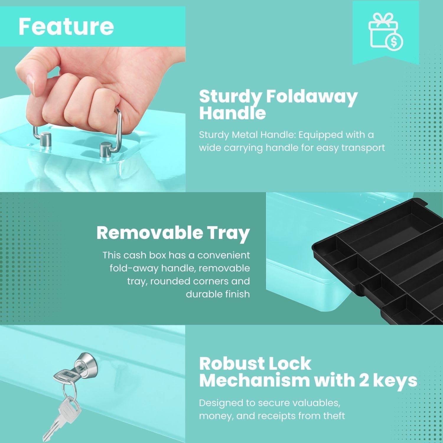 Flexzion Cash Box with Money Tray and Lock - Image 2