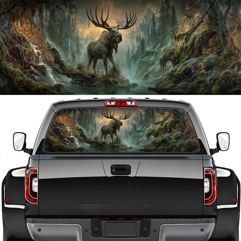 Mystical Moose Rear Window Decal Wrap Graphic, Fantasy Animal Forest Landscape Vinyl Window Film Truck Back Window Decals,Pickup Trucks Back Window Stickers 66 x 22 inch