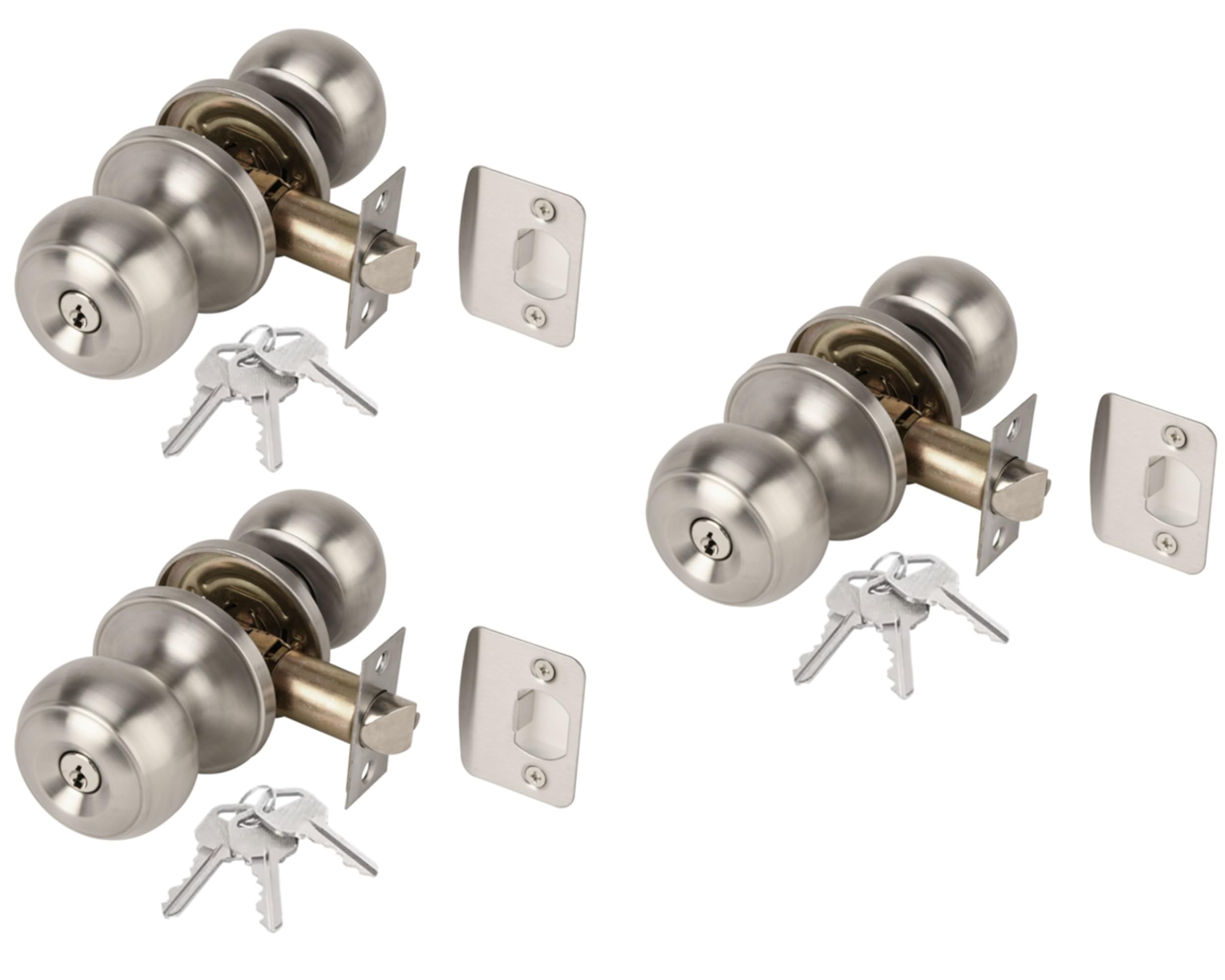 Hunta Satin Stainless Steel Handlezone® 3 Sets Riva Entrance Knobset, Key Locked Door Knobset, Adjustable 60-70Mm Latch –