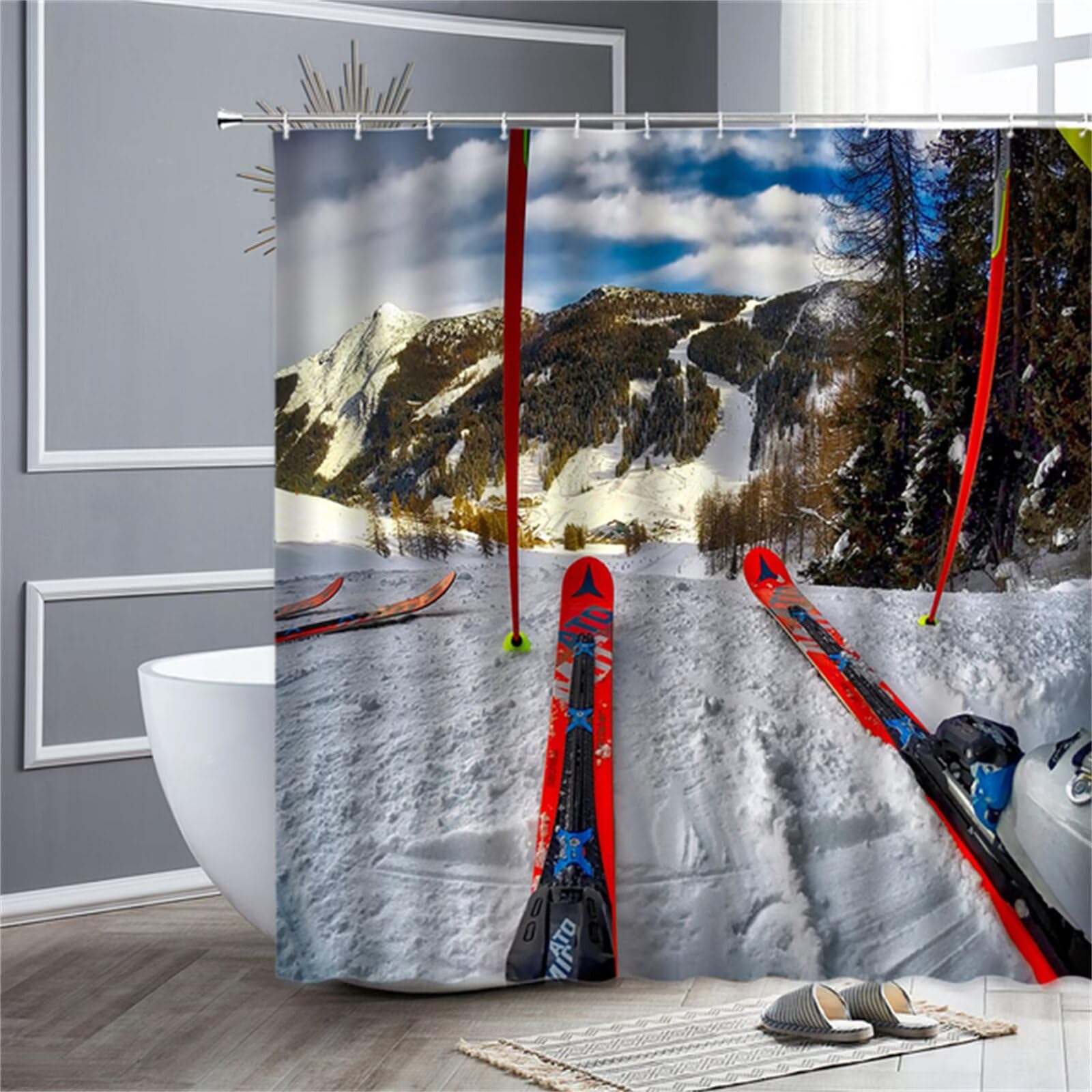ski Rideau Douche W180cm x L240cm Rideaux de Douche Anti Moisissure Tissu Imperméable avec Crochets, Rideaux Lourd Polyester Lavable, 3D Shower Curtain Hôtel Baignoire Salle de Bains Decor M-359