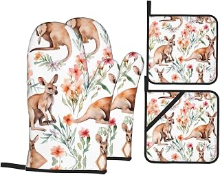Funny Cartoon Kangaroo Zoo Print Oven Mitts and Pot Holders Sets Waterproof Heat Resistant Kitchen Gloves with Hanging Strap, 2pcs Oven Mitts 2pcs Pot Holders for Baking Cooking Grilling