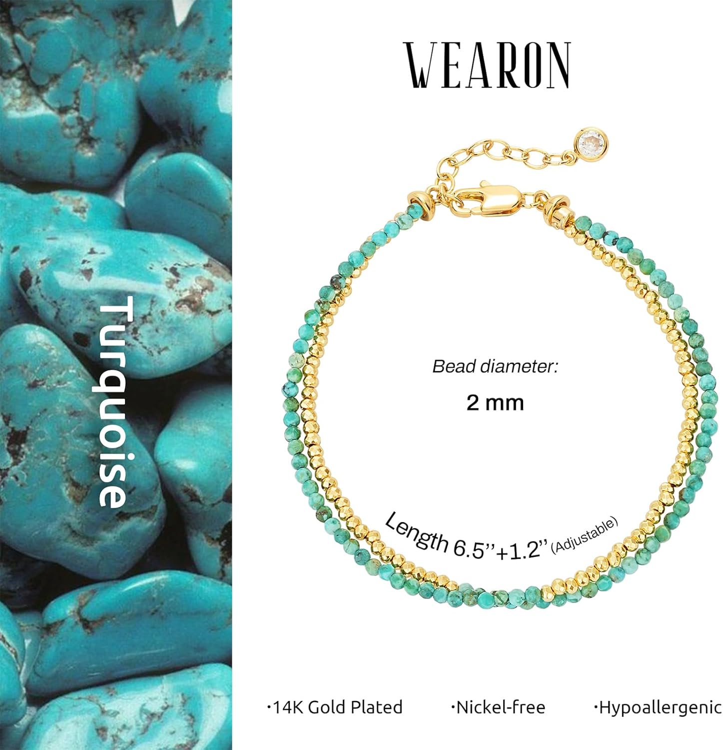 WEARON Gold Beaded Turquoise Bracelets for Women Dainty Stackable Stone Beaded Mixed Layered Link Chain Adjustable 14K Gold Plated Boho Bracelets for Women - Image 4