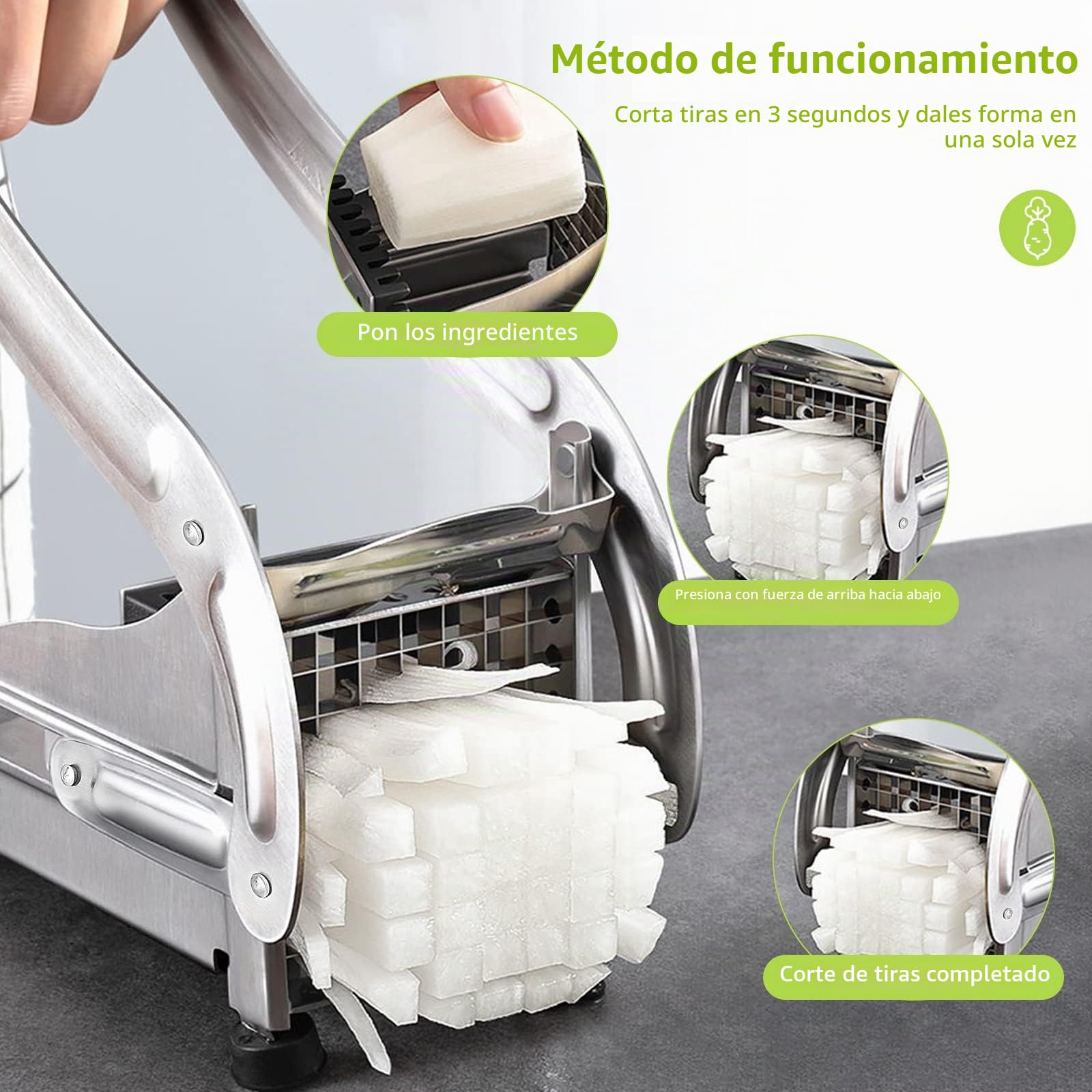 Cortador de patatas de acero inoxidable, cortador de patatas fritas manual con 2 cuchillas de repuesto (12 mm y 9 mm) con patas antideslizantes, cortador de patatas fritas para frutas y verduras