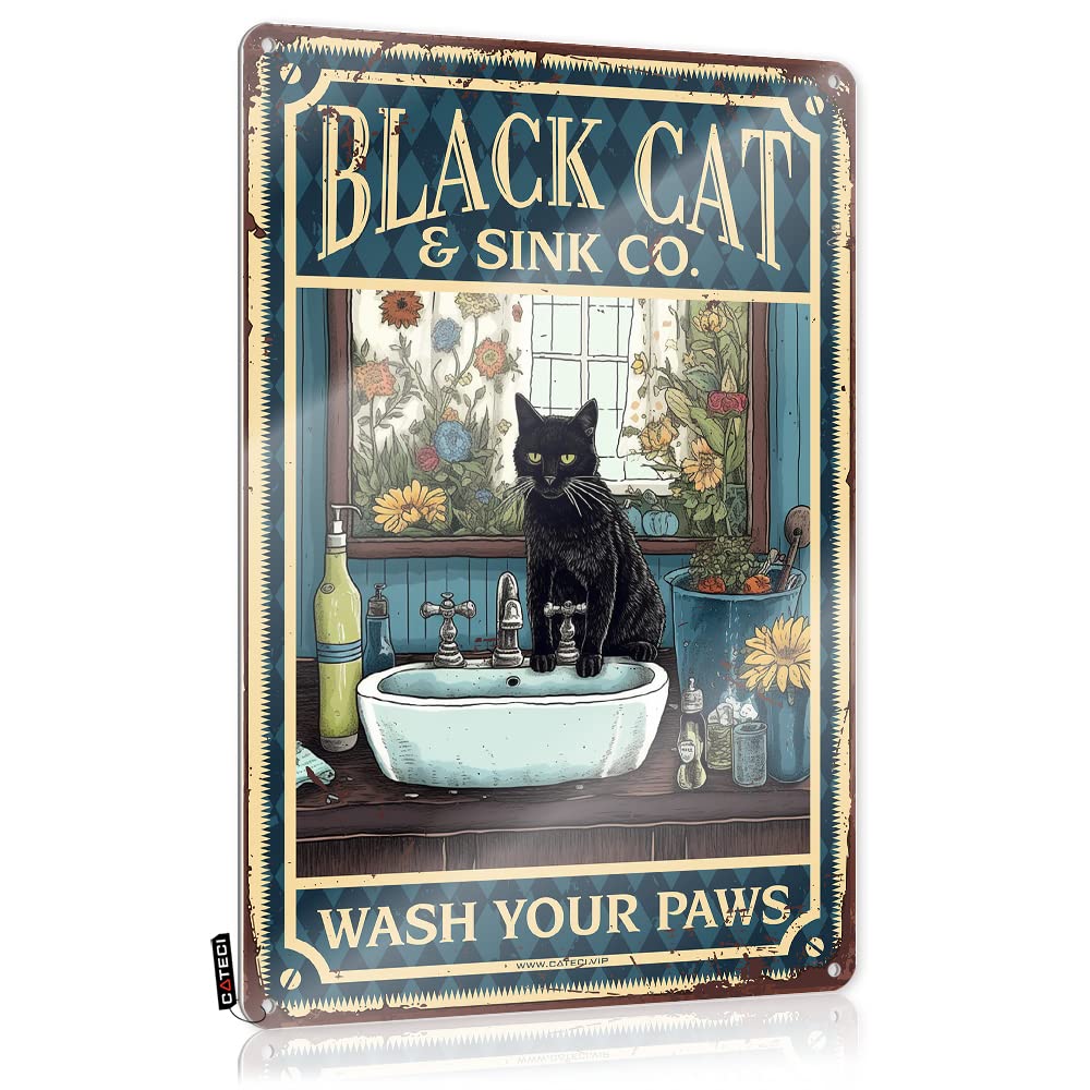MWFKKADDB Funny Door Signs Black Cat Wash Your Paws Tin Sign Cubicle Wall Decorgothic Home Decorrestroom Decorgarden Gifts For Women Unique Garage Tin Sign Sarcastic Signs(20X30CM)