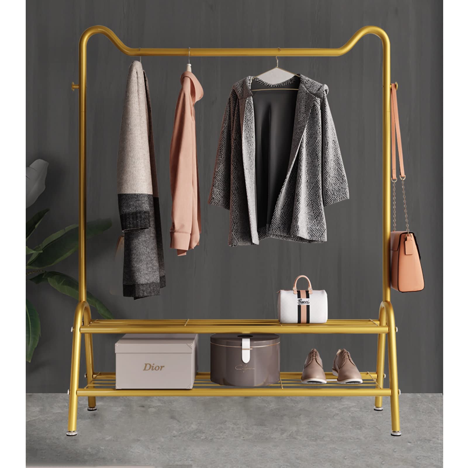 YNBSHGAA Freestanding Clothes Rail Garment Hanger Coat Drying Rack with 2 Tier Storage Shelf Gold 125cm,Gold-125Cm