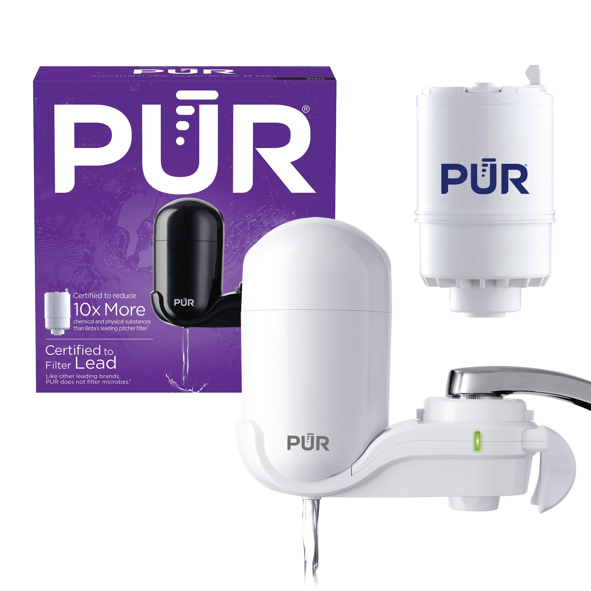 PUR Vertical Faucet Mount Water Filtration System with Lead Reducing Filter for Cleaner, Filtered Tap Water, Lasts 100 Gallons, Sink Water Filter, Fits Most Kitchen or Bathroom Faucets, White