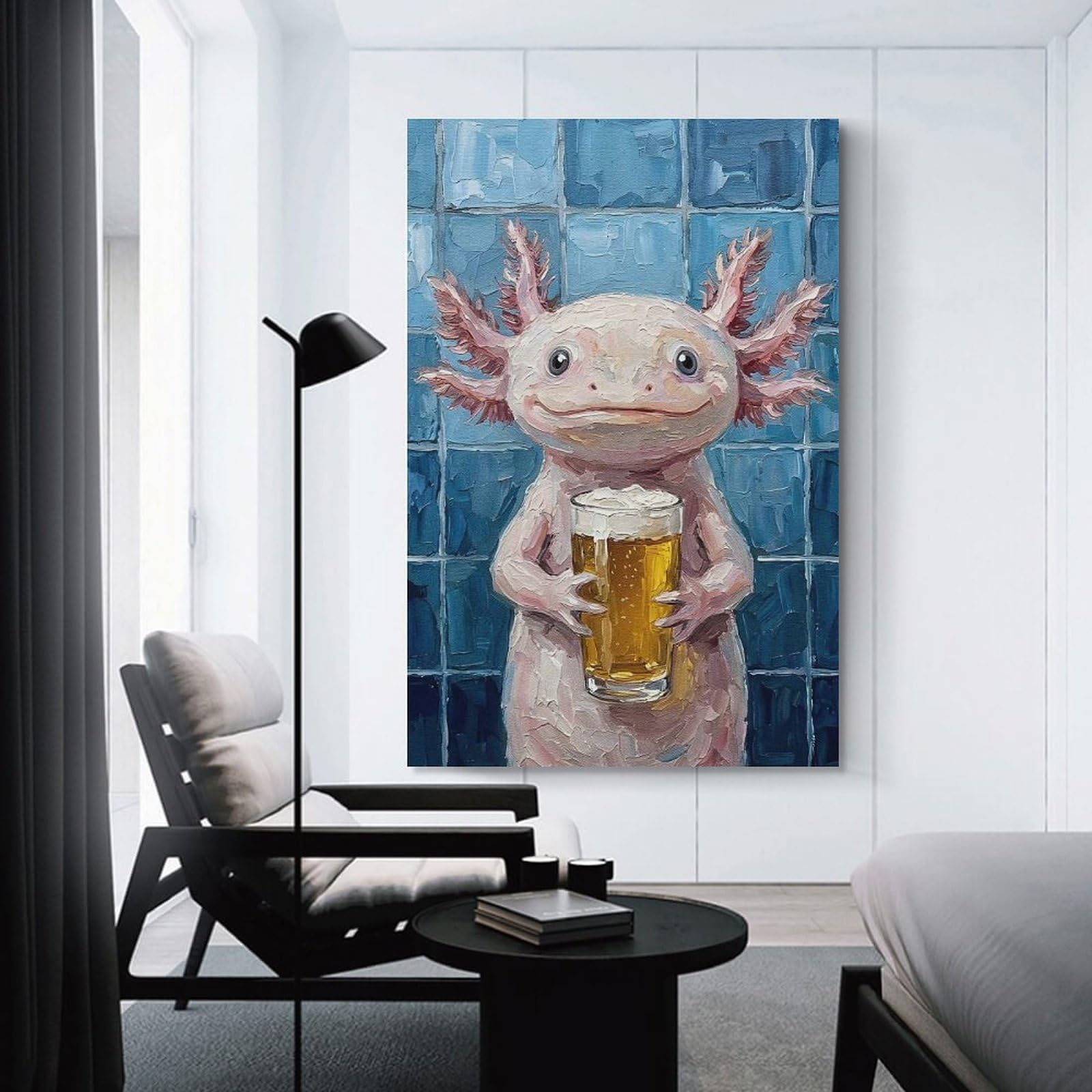 Junmoney Unframe-Style-23 Axolotl With Beer Painting Canvas Art Print 16X24inch(40X60cm), For New Homes, Bedrooms Or Workspaces, Gift Idea For Housewarming And Birthdays