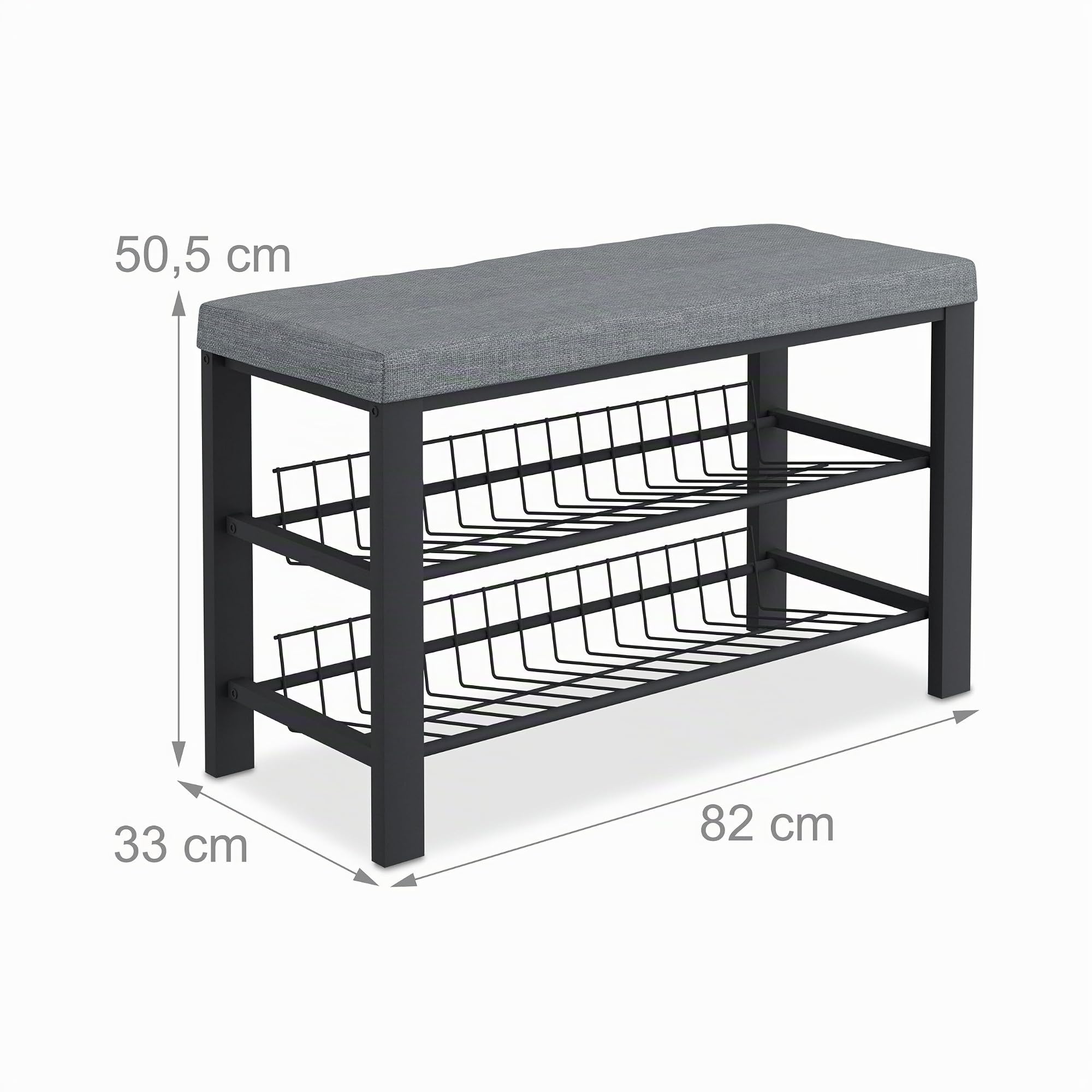 Relaxdays Panca Scarpiera da Ingresso, 2 Ripiani Portascarpe, Panchina Cuscino Imbottito, 50,5x82x33 cm, Nero Grigio, Fibra di Legno