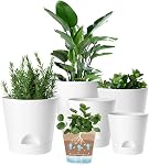 6 Pack Plant Pots Indoor, 8/7/6.5/6/5.5/5 Inch Plastic Self Watering Planters with Detachable Reservoir and Drainage Holes, Modern White Flower Pots for Decorative Indoor Outdoor Plants (White)