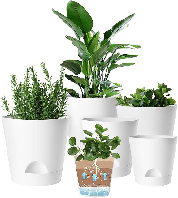 6 Pack Plant Pots Indoor, 8/7/6.5/6/5.5/5 Inch Plastic Self Watering Planters with Detachable Reservoir and Drainage Holes, Modern White Flower Pots for Decorative Indoor Outdoor Plants (White)