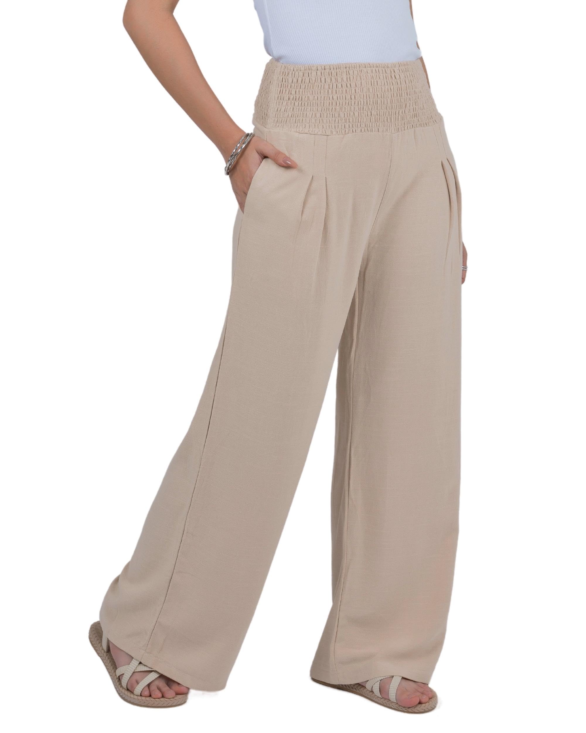 LOFBAZ Women Linen Palazzo Wide Leg Pants Flowy Lounge Casual High Waist Trousers Summer Beach Boho Long Pant